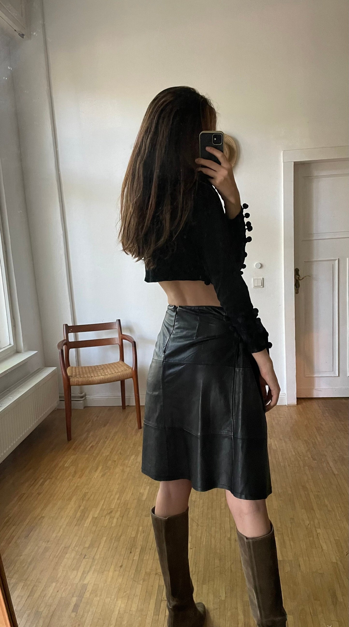Genuine black leather wrap skirt,