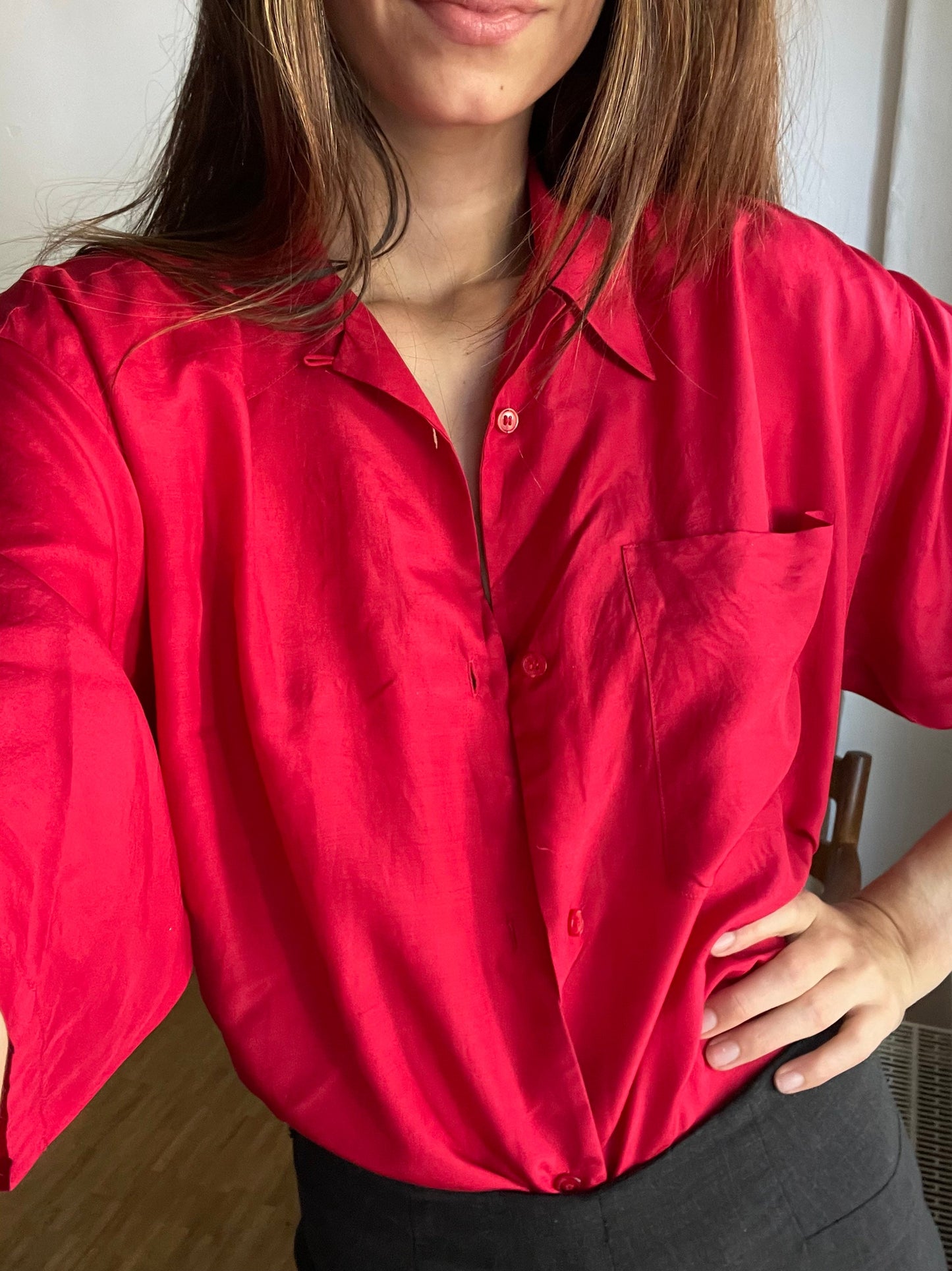 Vibrant Red Silk Oversized Blouse — fabric close-up
