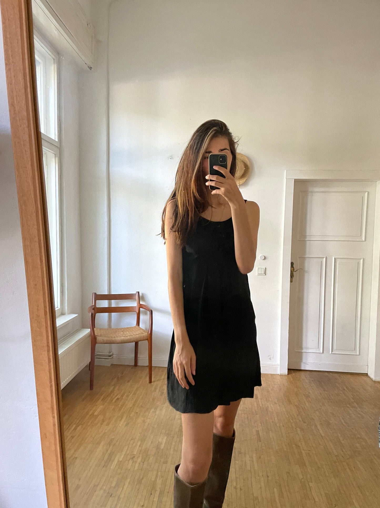 Dorothee Schumacher black mini dress – wool blend neckline, silk-feel body, size S, elegant party-ready fit