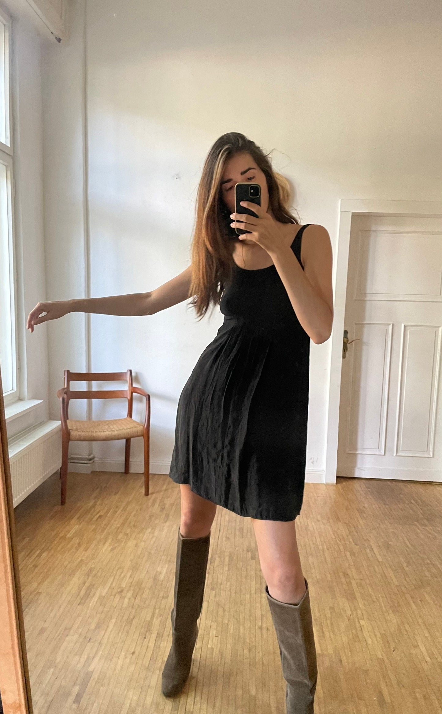 Dorothee Schumacher black mini dress – wool blend neckline, silk-feel body, size S, elegant party-ready fit