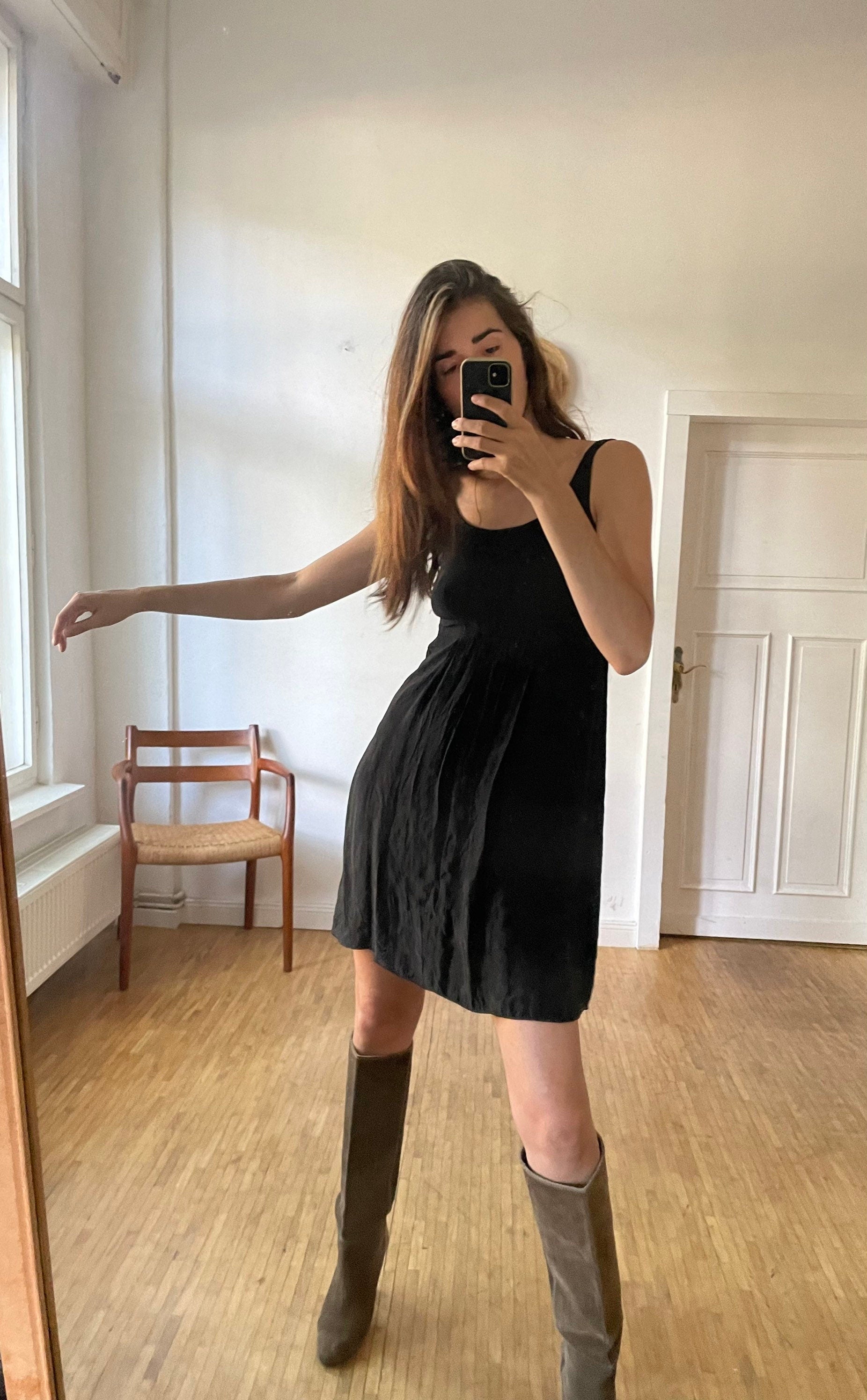 Dorothee Schumacher black mini dress – wool blend neckline, silk-feel body, size S, elegant party-ready fit