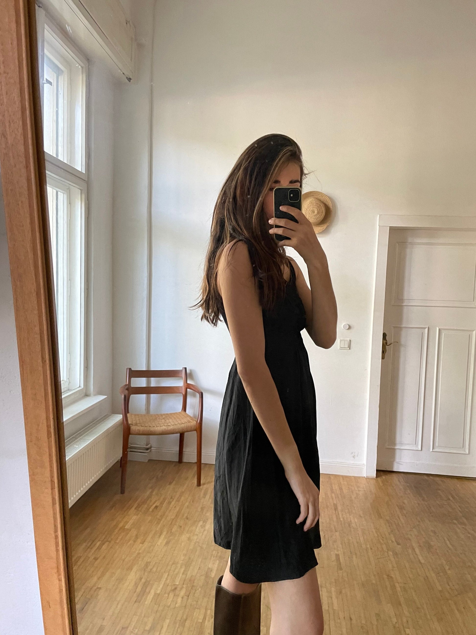 Dorothee Schumacher black mini dress – wool blend neckline, silk-feel body, size S, elegant party-ready fit