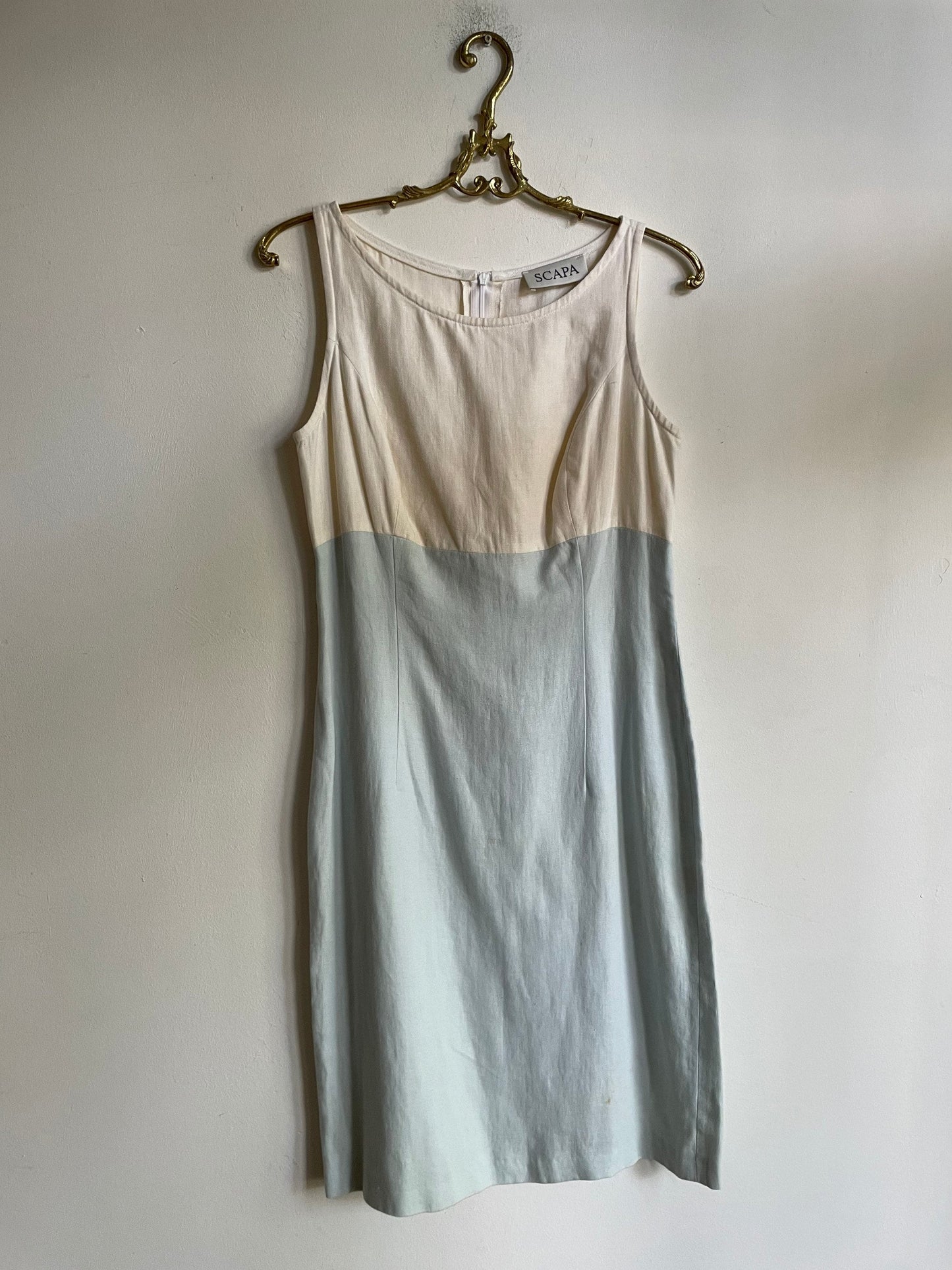 SCAPA light blue and white designer pencil dress, Linen summer dress,