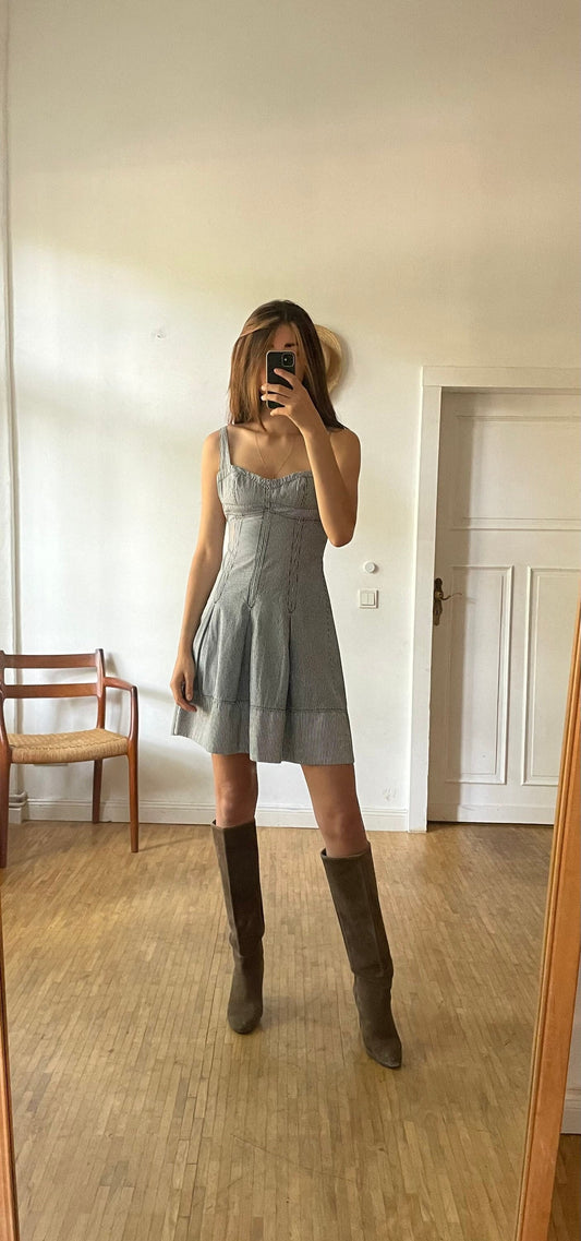 Sportmax Code vintage blue and white summer dress, Designer mini dress, Elegant sweetheart dress, Pleated dress, S