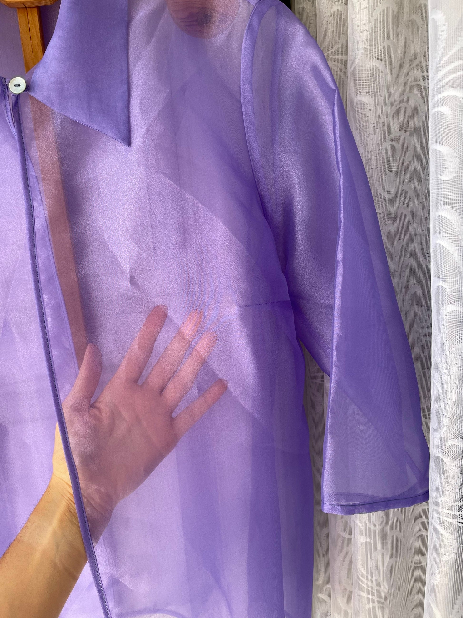 Vintage Sheer Purple Organza Blouse 90s See Through Mesh Shirt Sexy Festival Top Lightweight Button Up Clubwear Style Paris Hilton Y2K Vibe