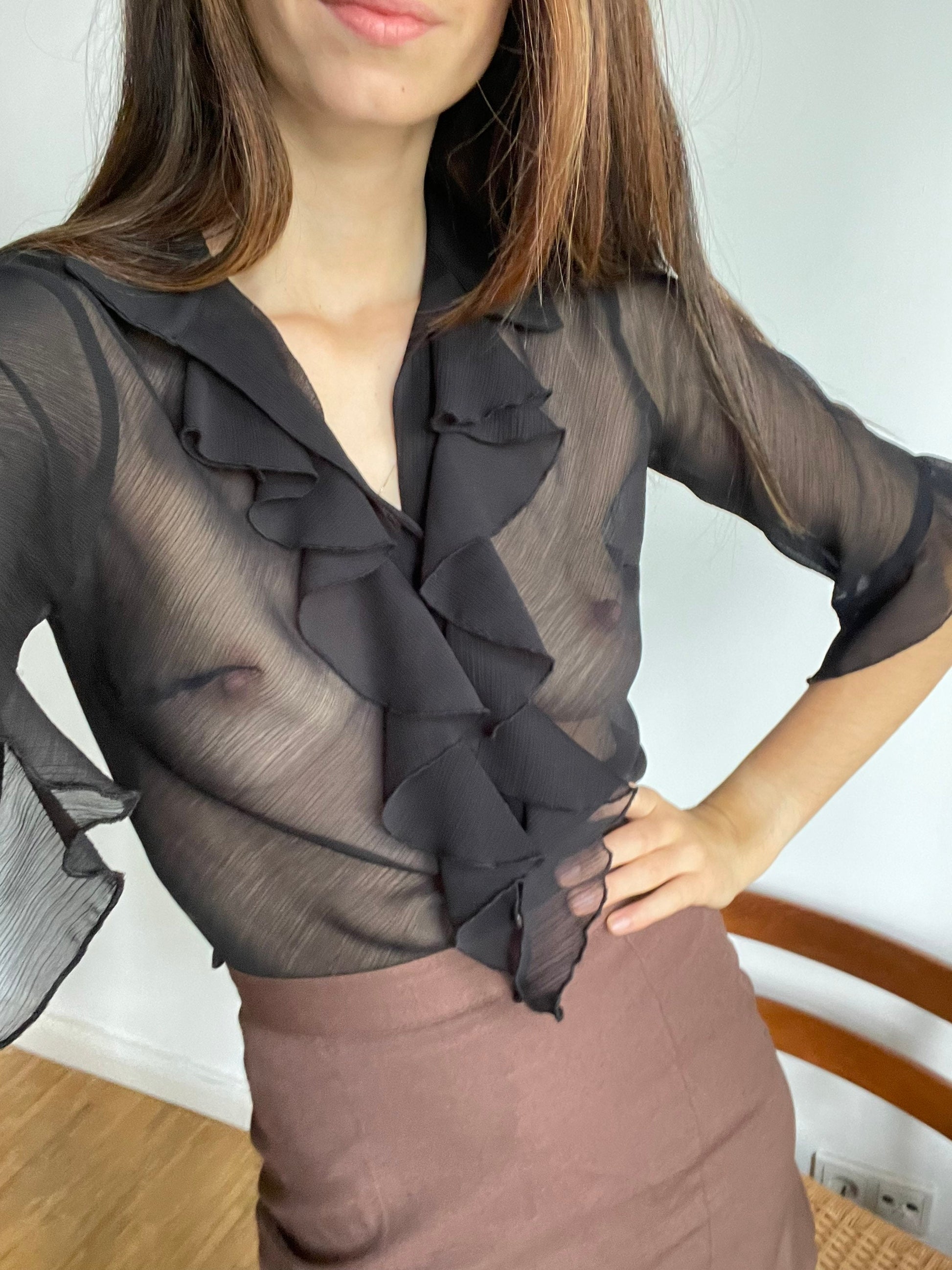 Sexy sheer black woman blouse, Ruffle button up shirt, Party outfit, Couture Punk shirt, See through shirt, Sexy blouse