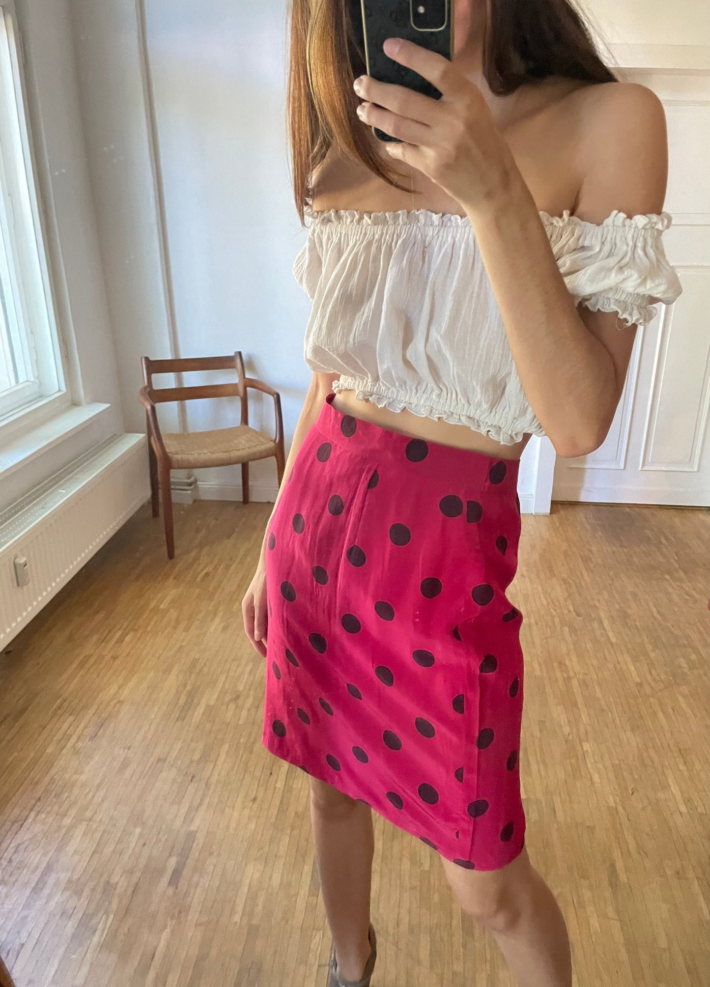 Vintage pink 100 % silk polka dot pencil skirt, Retro feminine high waist midi skirt, Festive midi skirt, 1940s - 1960s summer skirt, M