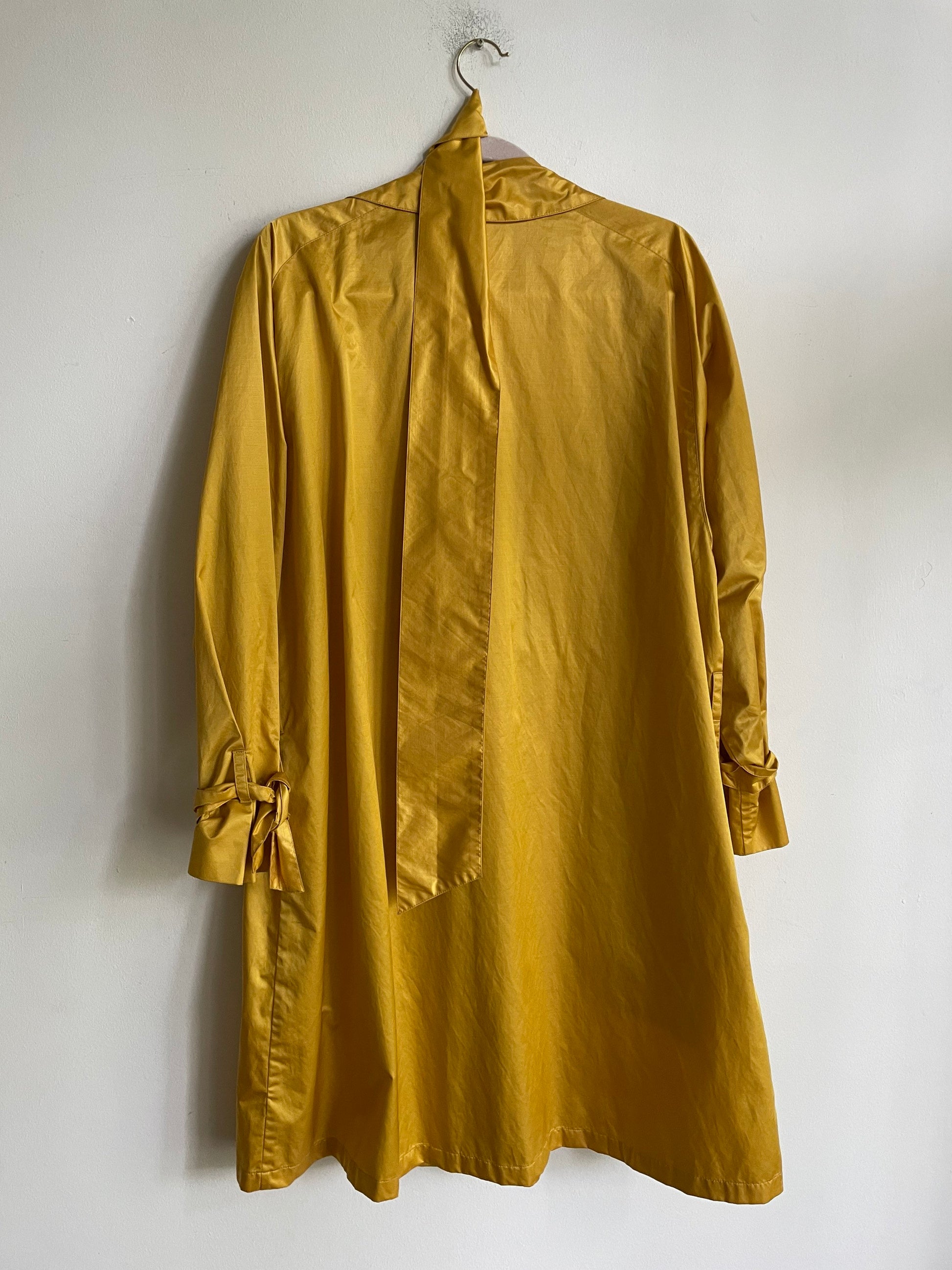 Vintage Mustard Yellow Shiny Trench Coat, Yellow Trench, Unique Vintage Trench with large mother of pearl buttons, Runway jacket, M - L