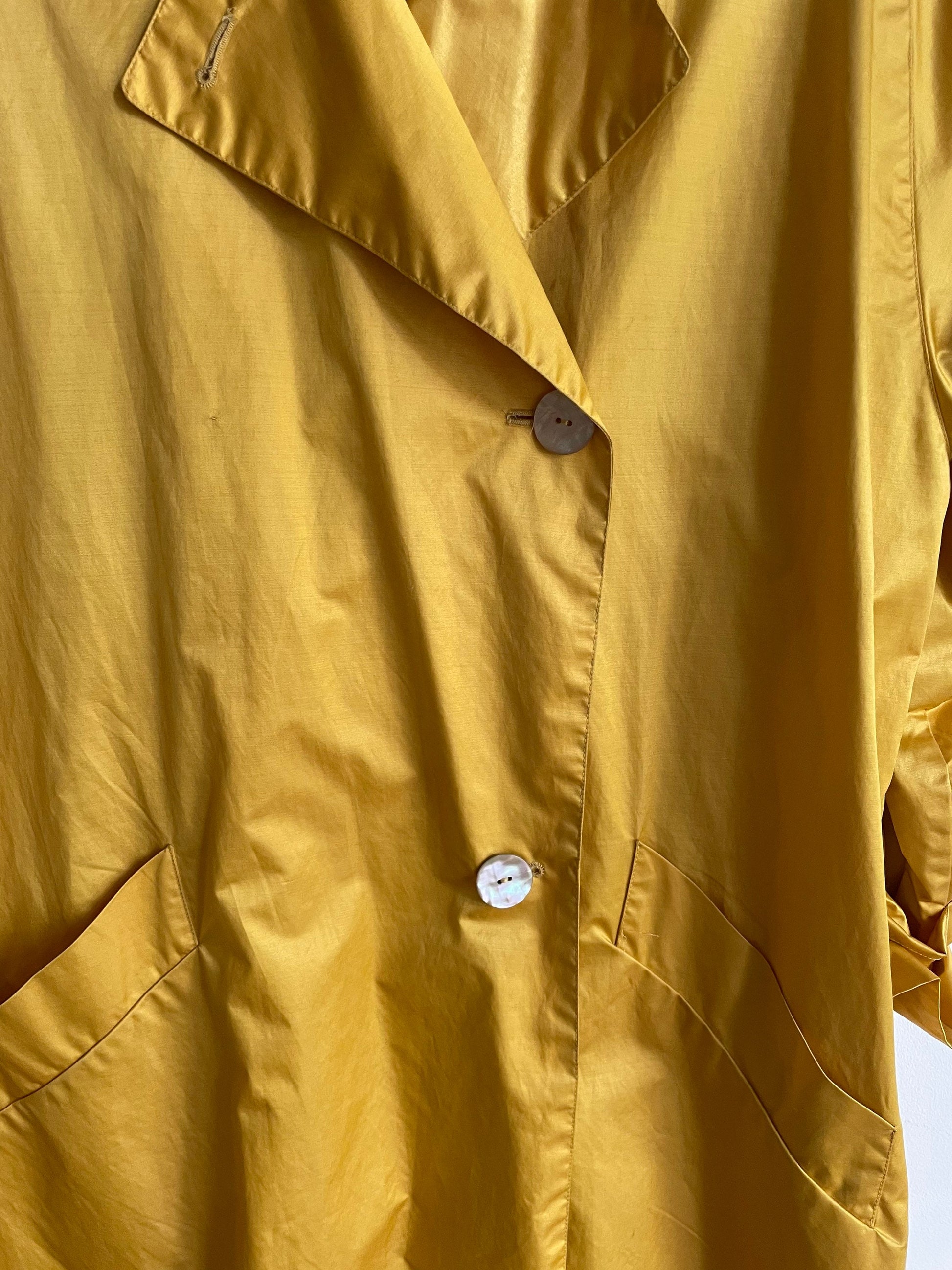 Vintage Mustard Yellow Shiny Trench Coat, Yellow Trench, Unique Vintage Trench with large mother of pearl buttons, Runway jacket, M - L