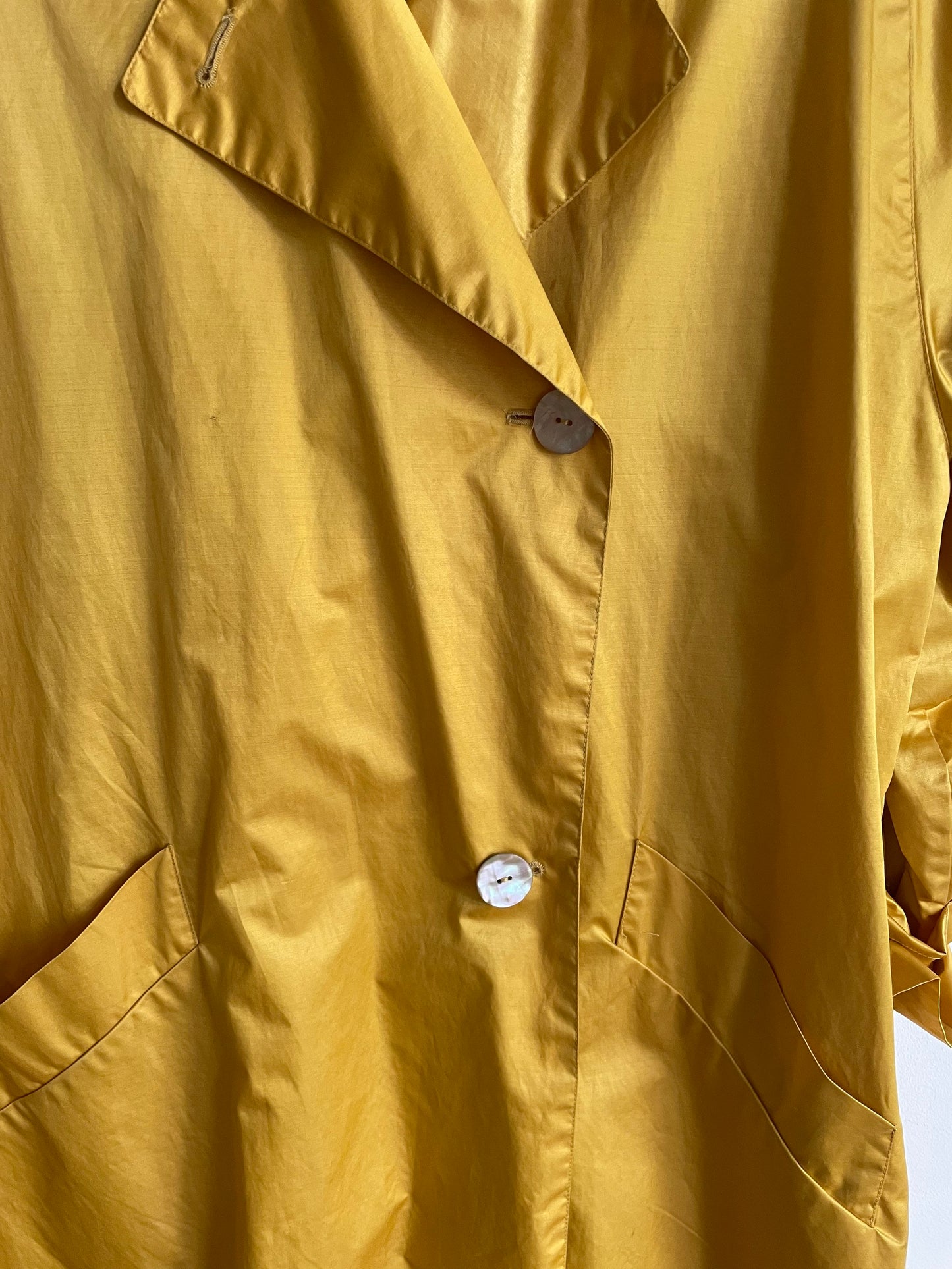 Vintage Mustard Yellow Shiny Trench Coat, Yellow Trench, Unique Vintage Trench with large mother of pearl buttons, Runway jacket, M - L