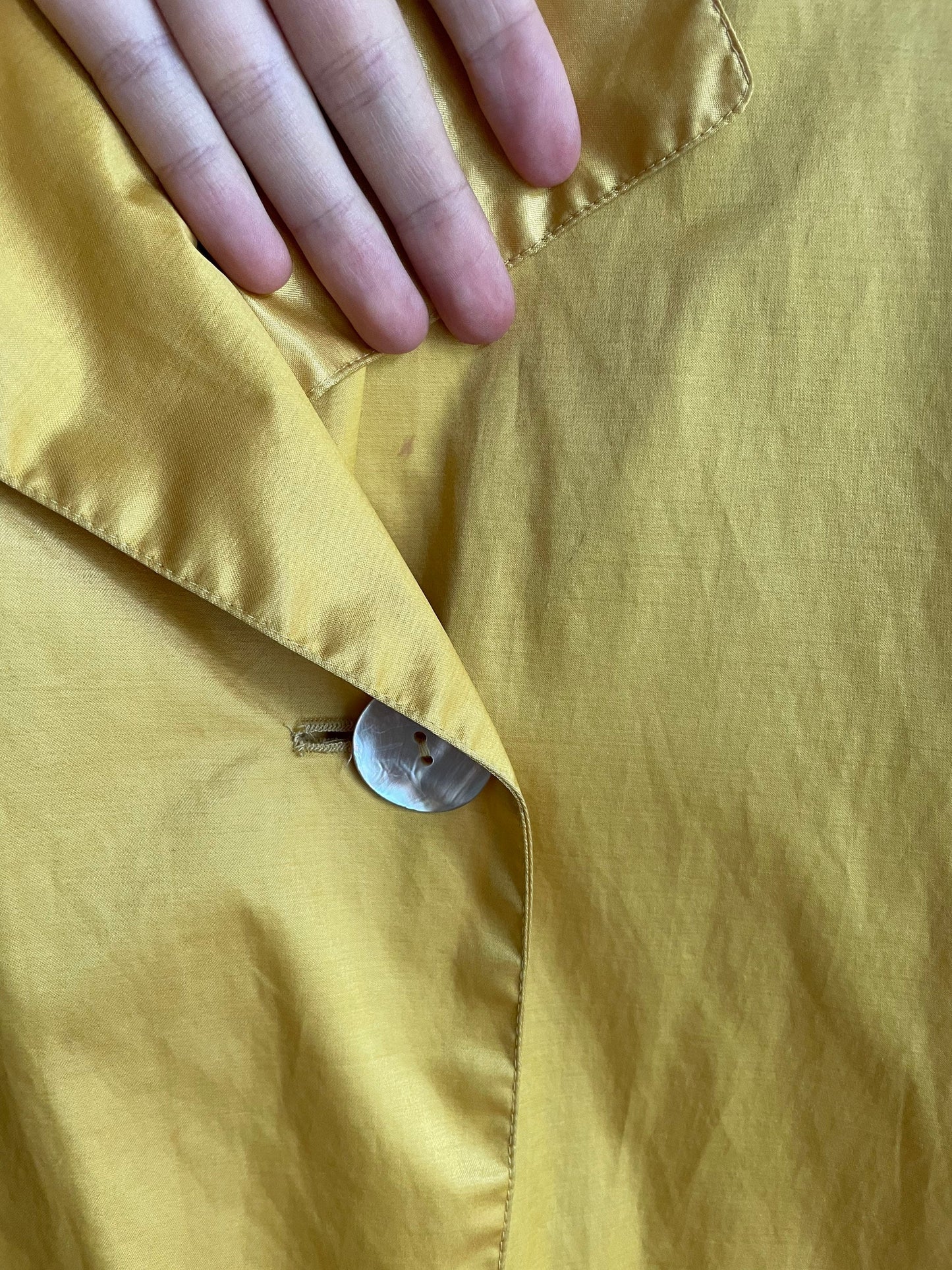 Vintage Mustard Yellow Shiny Trench Coat, Yellow Trench, Unique Vintage Trench with large mother of pearl buttons, Runway jacket, M - L