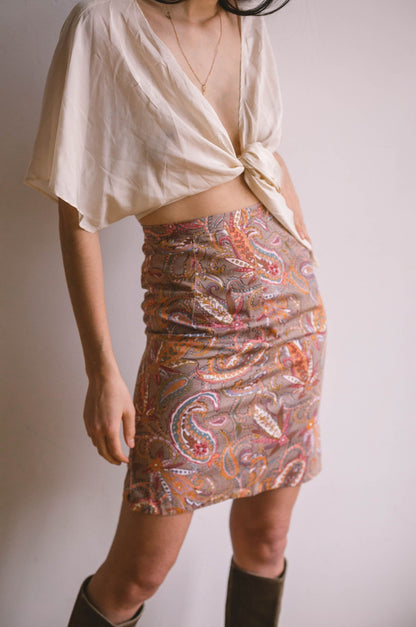 Vintage Paisley Pencil Skirt, Retro Floral Midi, High Waist