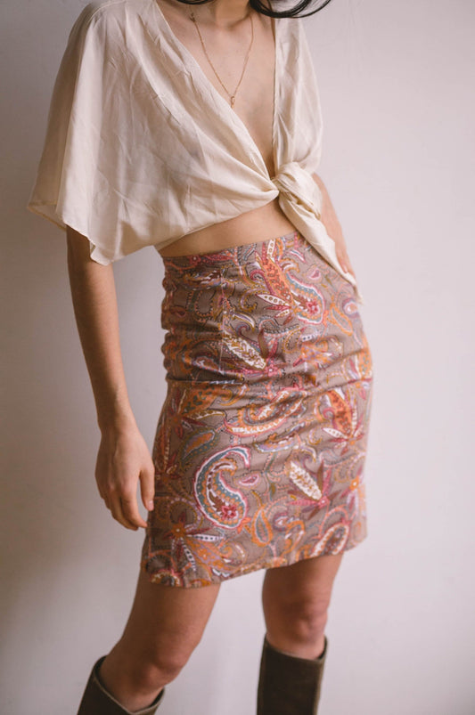Paisley high waist pencil skirt, Colourful floral summer skirt, Retro midi skirt, Feminine sustainable fashion