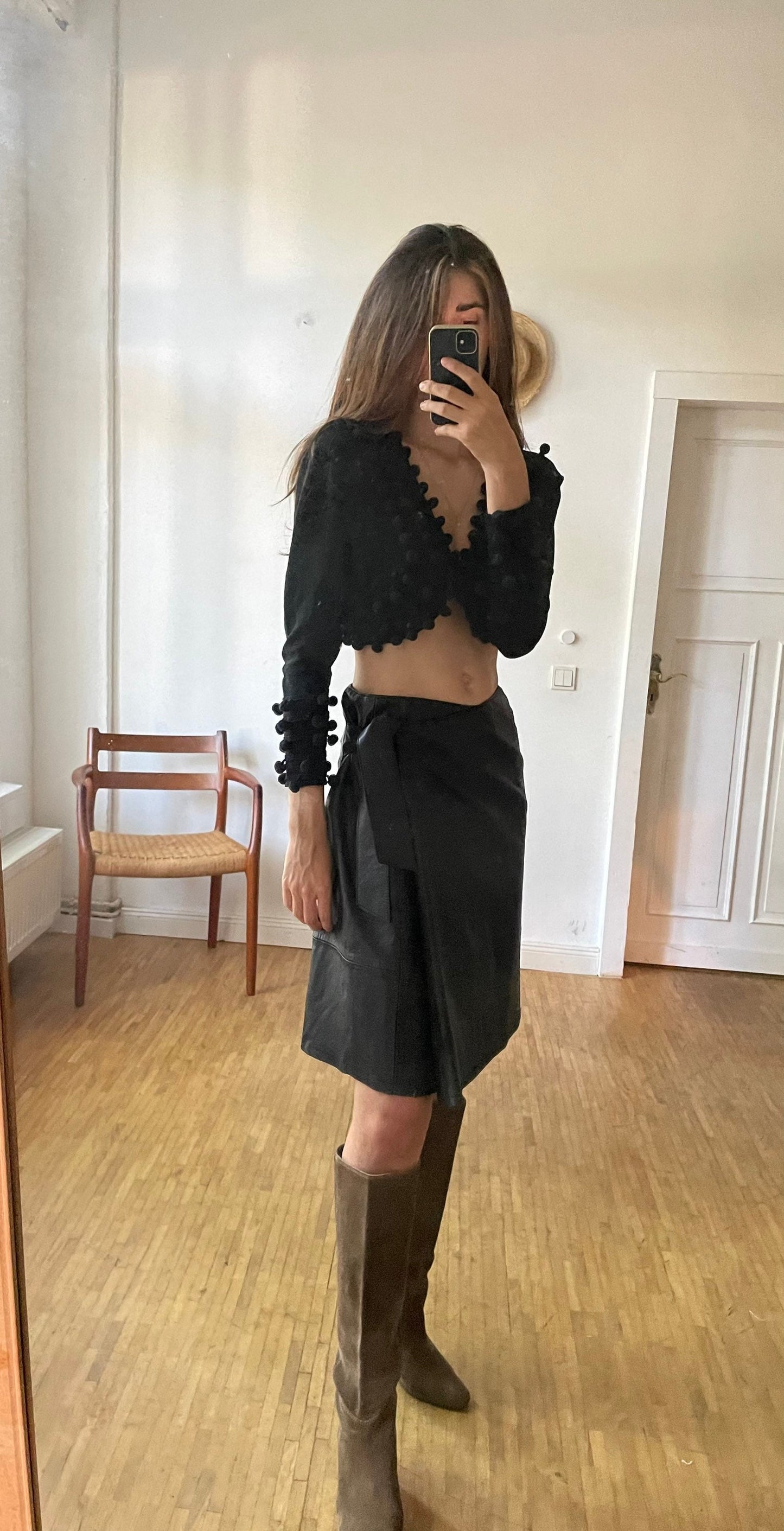 Genuine black leather wrap skirt,