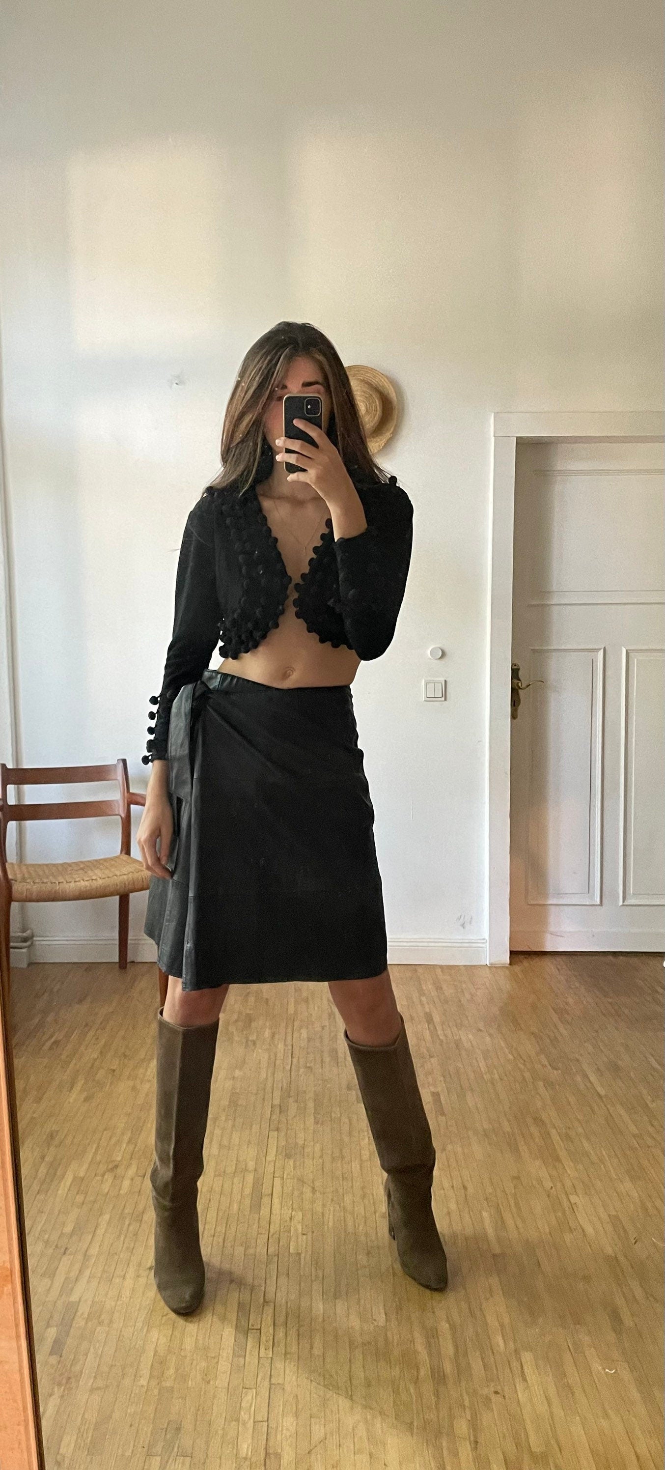 Genuine black leather wrap skirt,