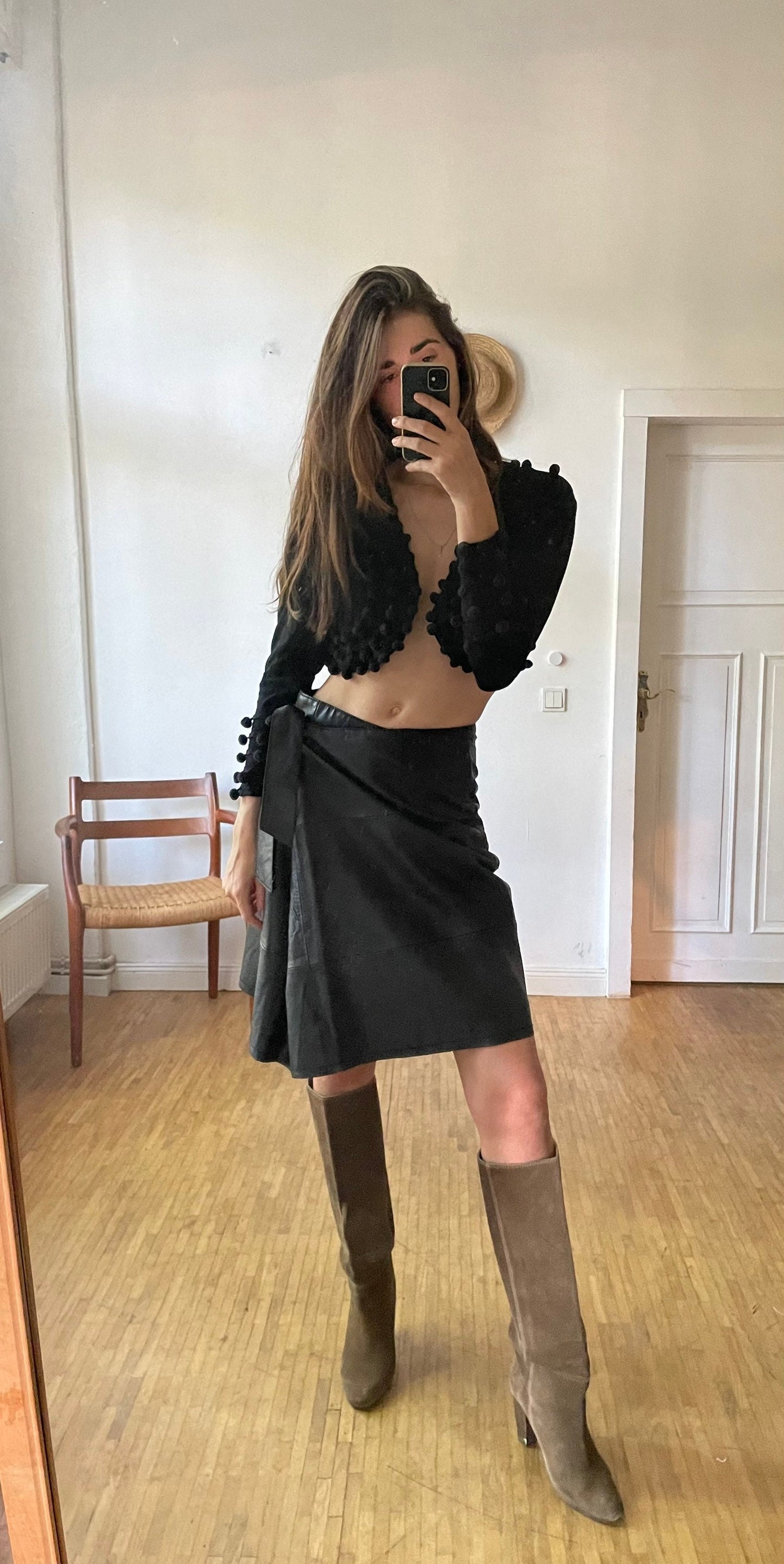 Genuine black leather wrap skirt,