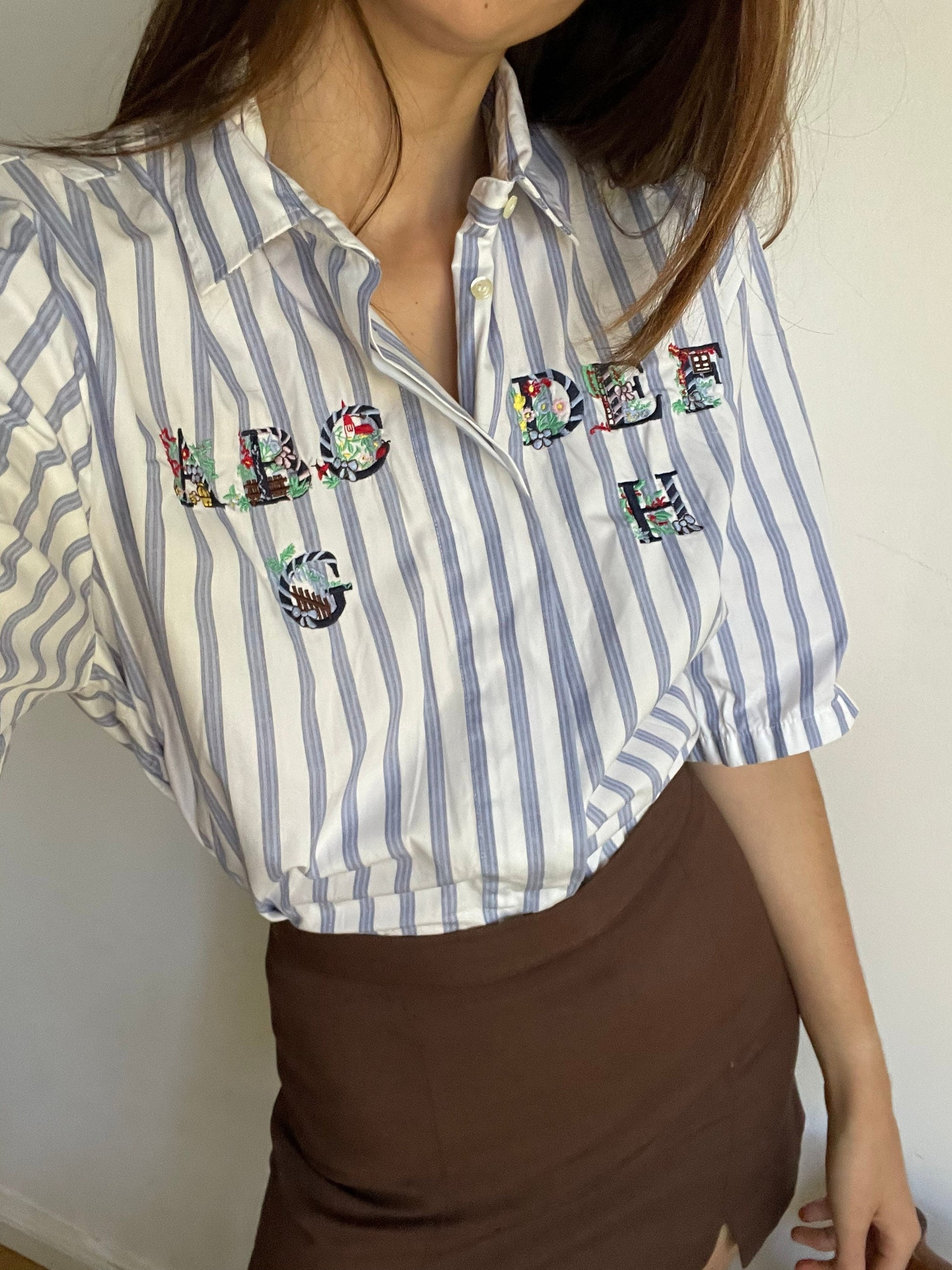A B C teacher shirt, Blue and white striped vintage woman blouse, Cotton button up shirt, Embroidered retro clothing, Oversized blouse