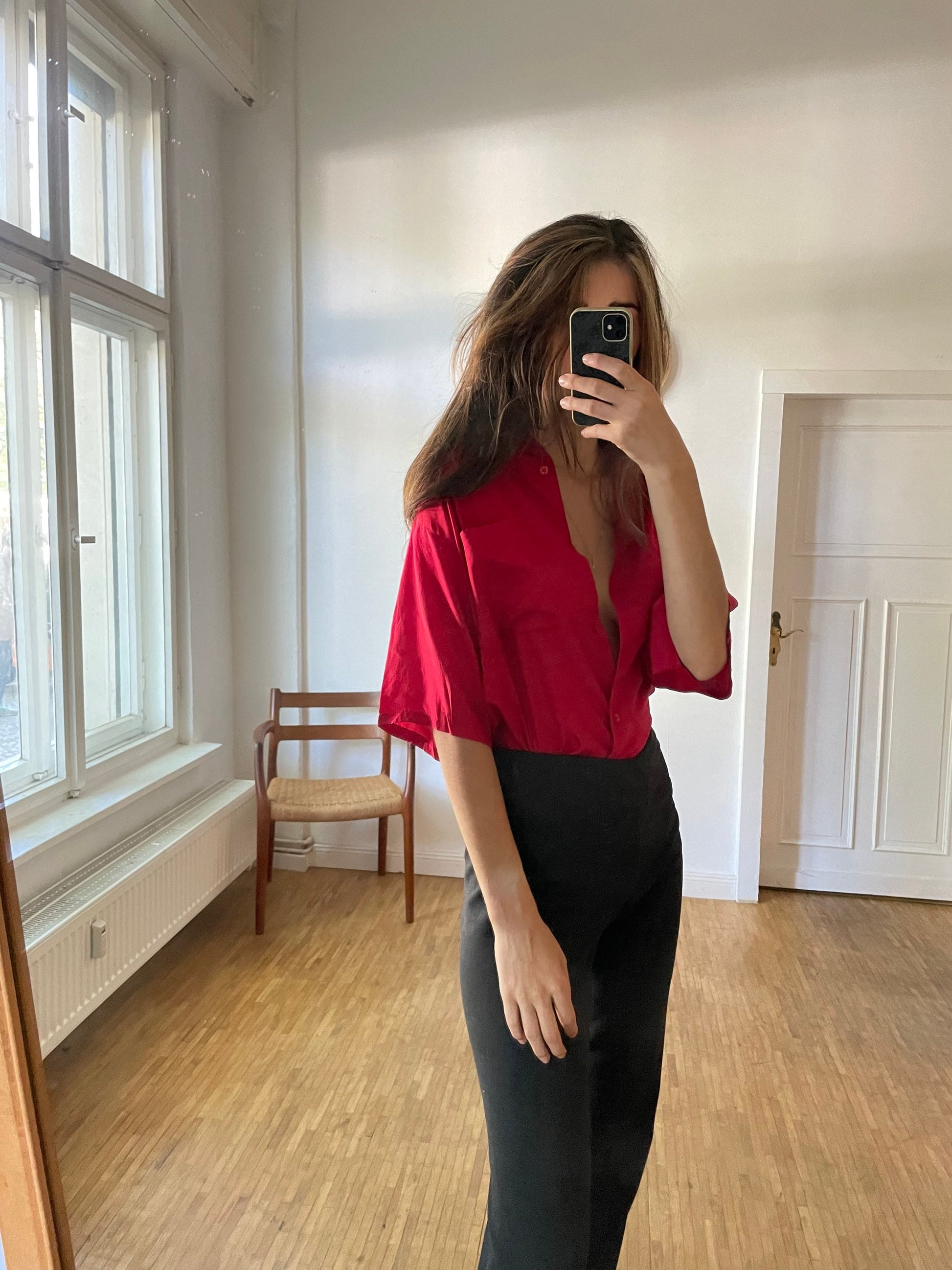 Vibrant Red Silk Oversized Blouse — back view
