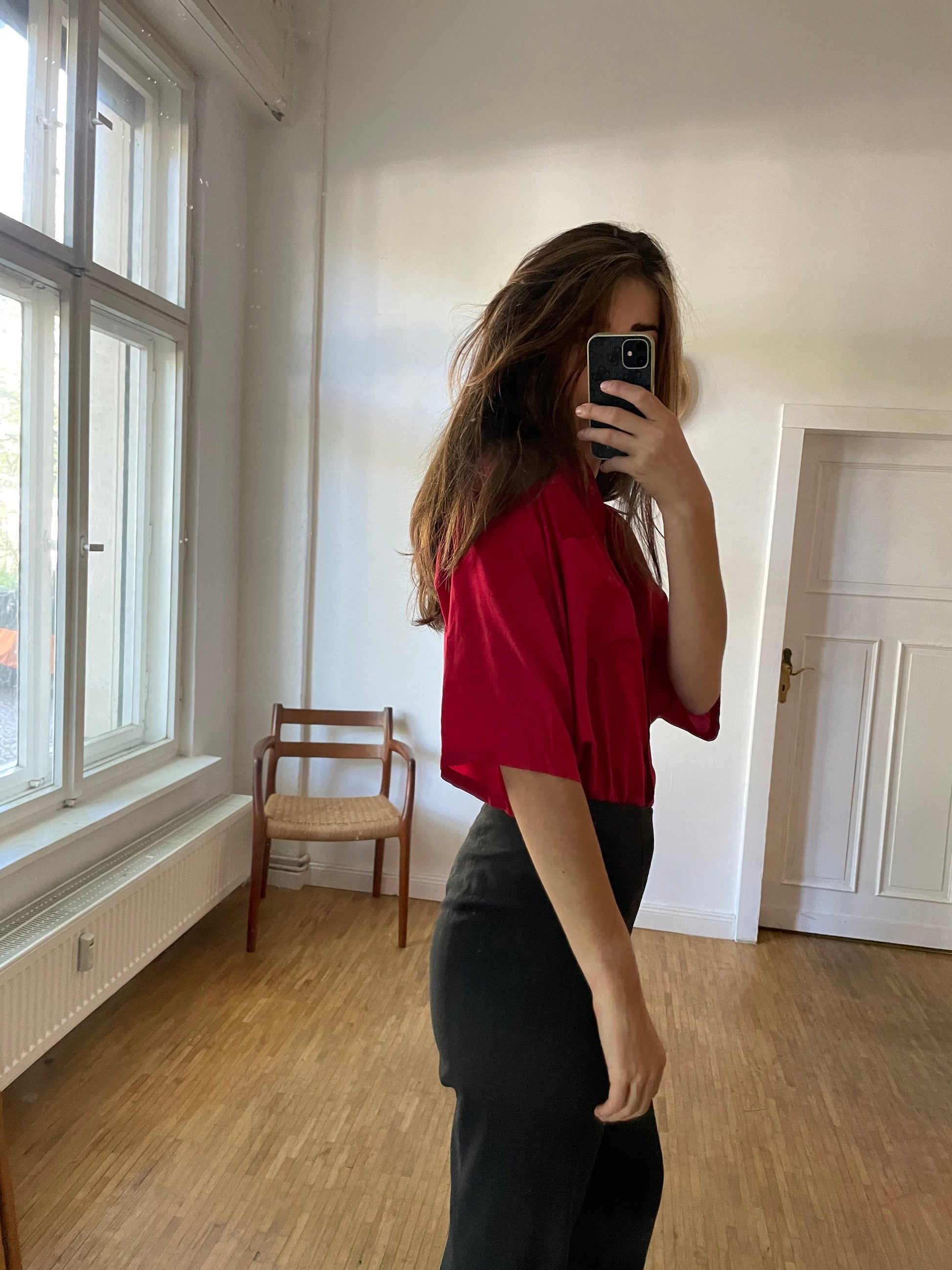 Vibrant Red Silk Oversized Blouse — detail