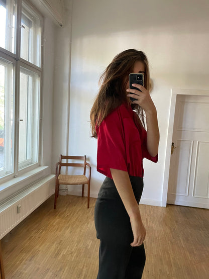 Vibrant Red Silk Oversized Blouse — detail