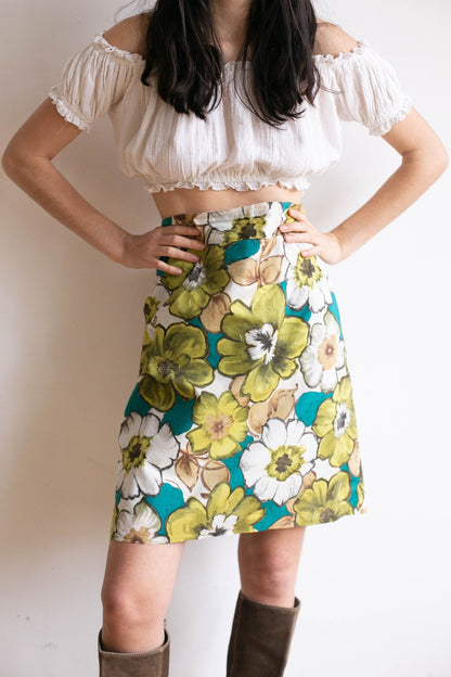 Green Floral Vintage 80s High Waist Cotton Skirt