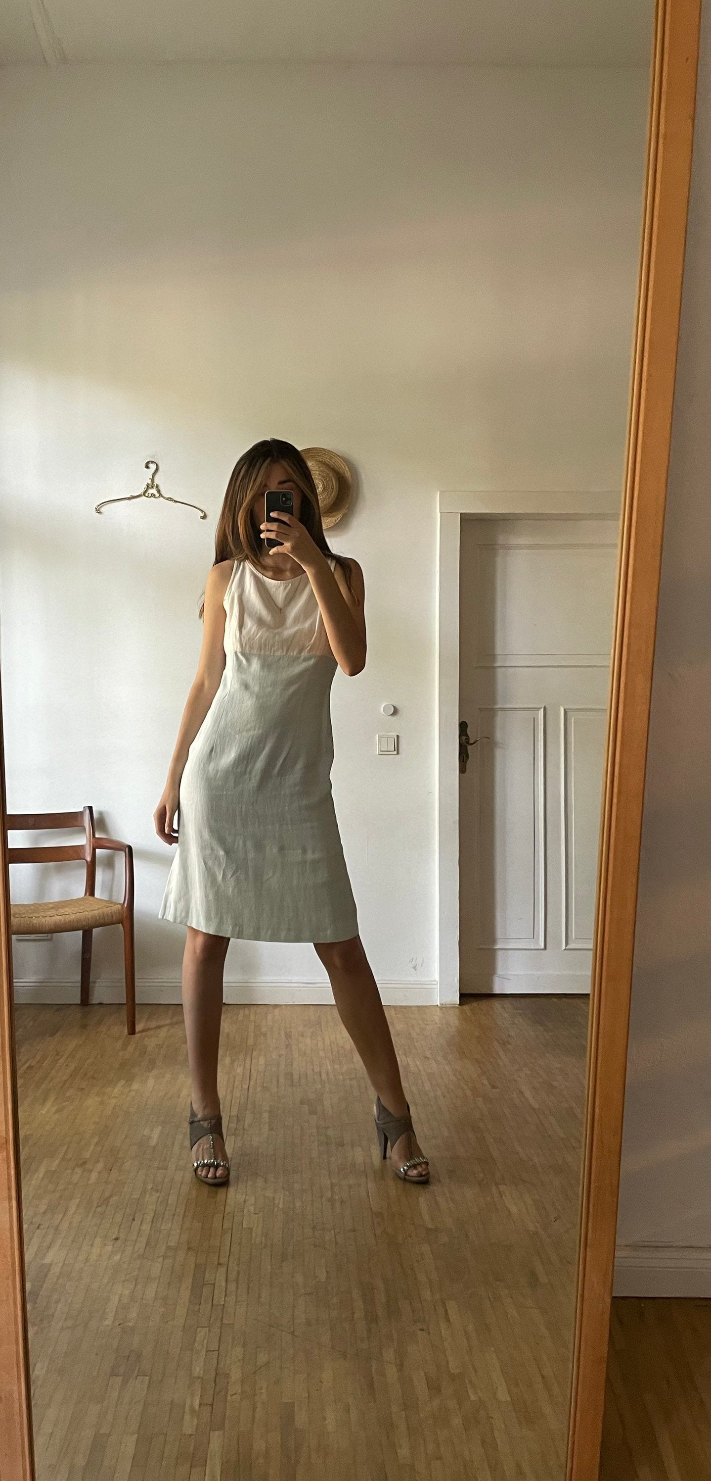 SCAPA light blue and white designer pencil dress, Linen summer dress,