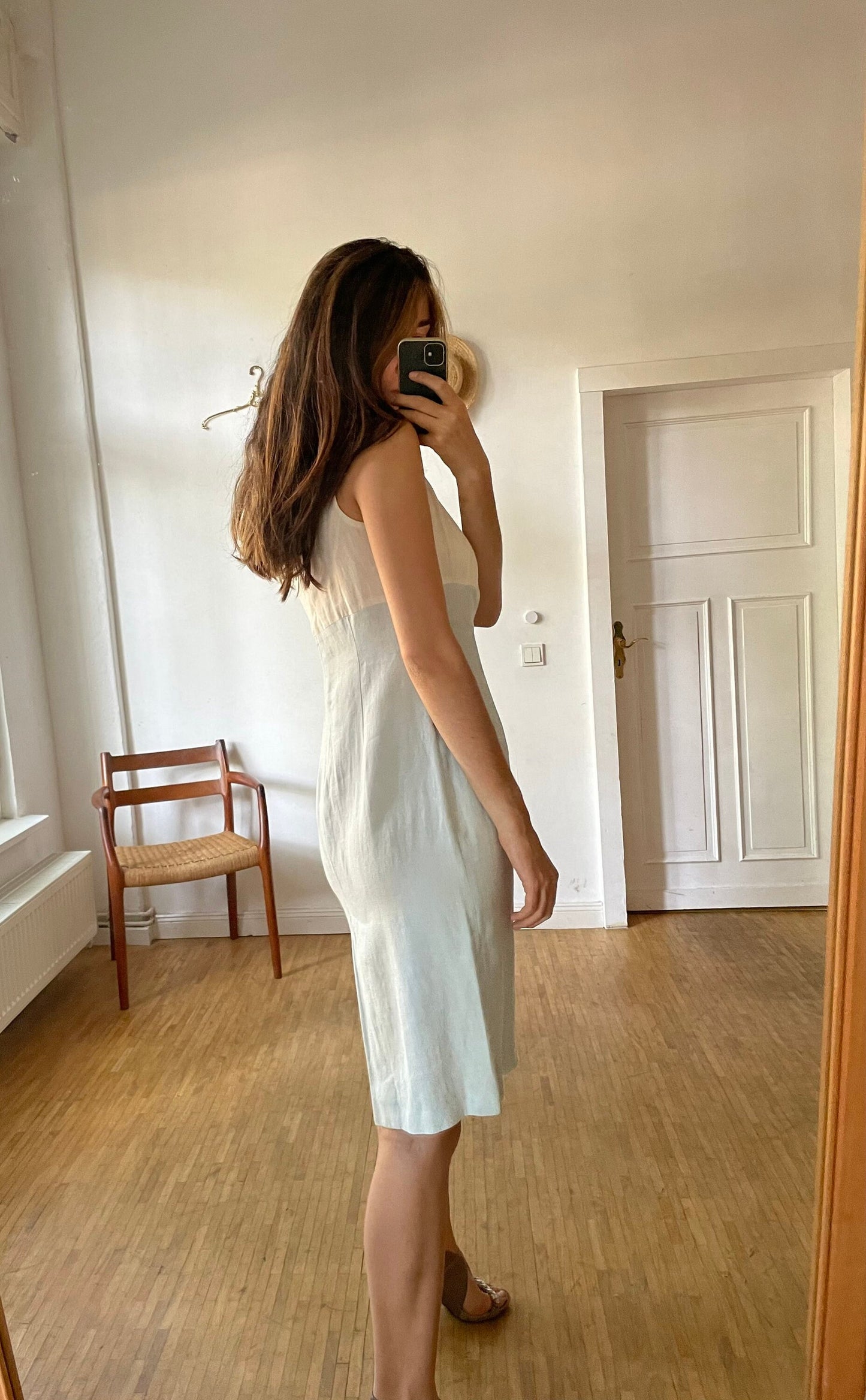 SCAPA light blue and white designer pencil dress, Linen summer dress,