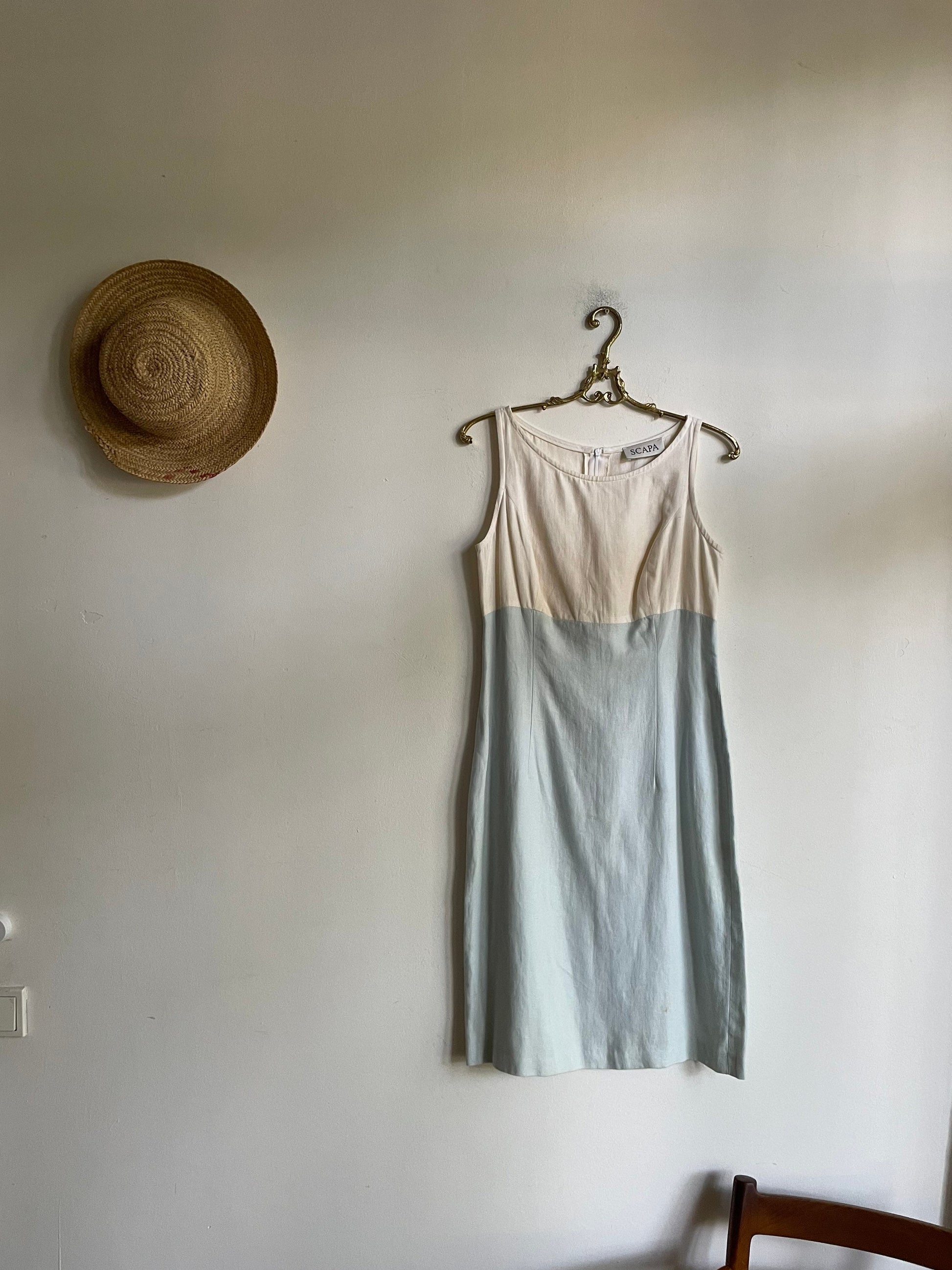 SCAPA light blue and white designer pencil dress, Linen summer dress,