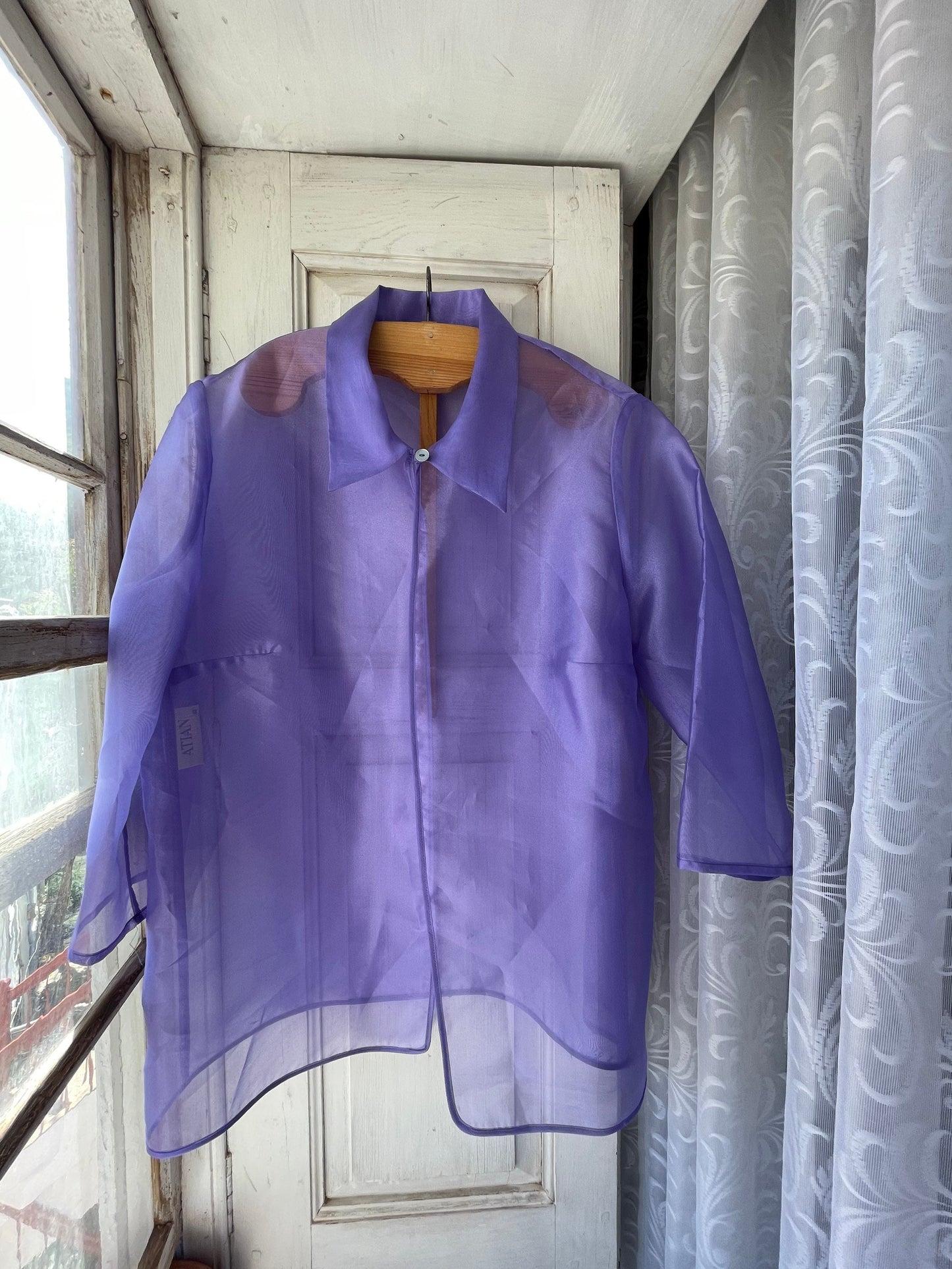 Vintage Sheer Purple Organza Blouse 90s See Through Mesh Shirt Sexy Festival Top Lightweight Button Up Clubwear Style Paris Hilton Y2K Vibe