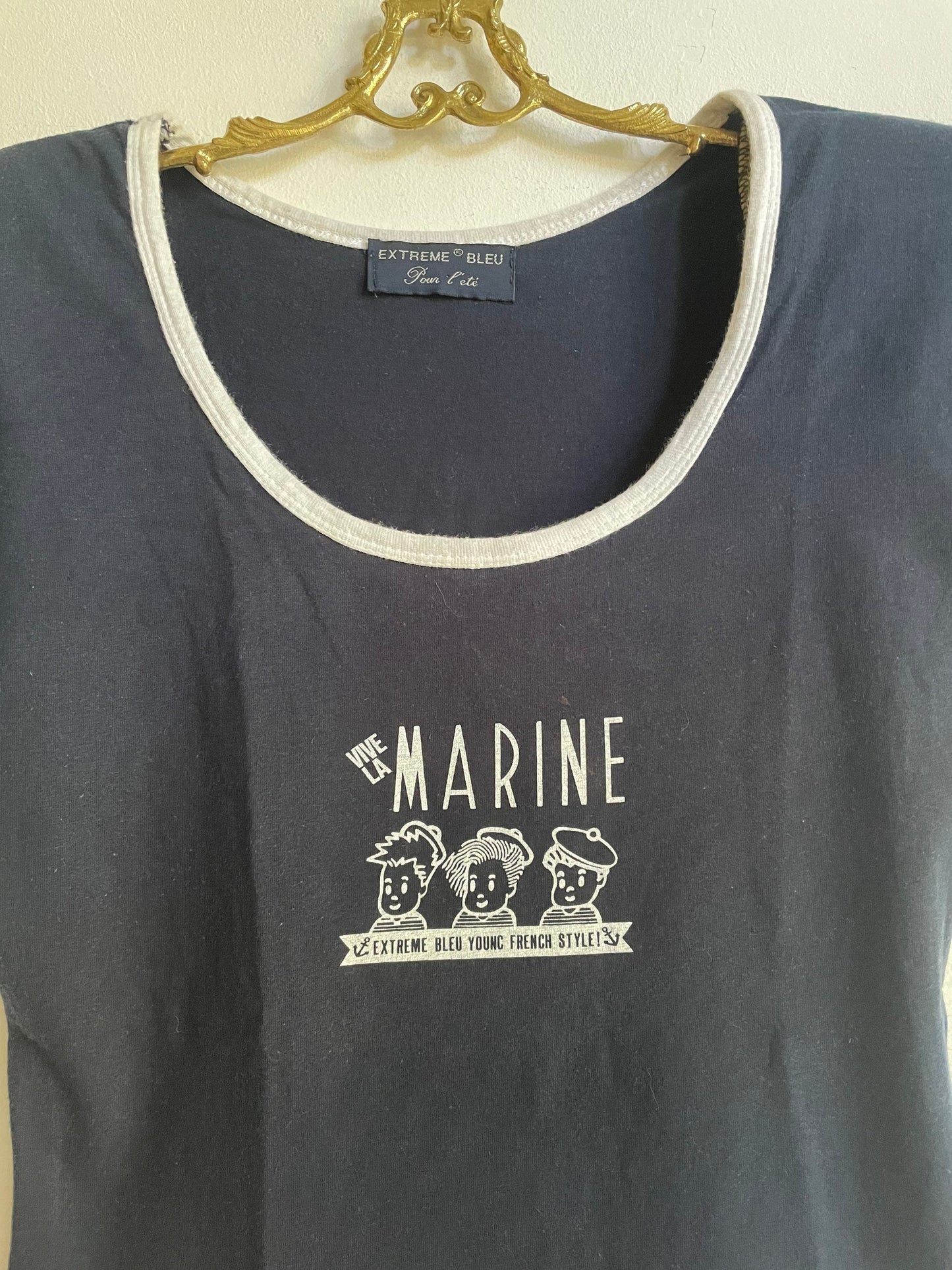 Vintage Marine body, Retro blue bodysuit, Comfortable open neck top with padded shoulders.