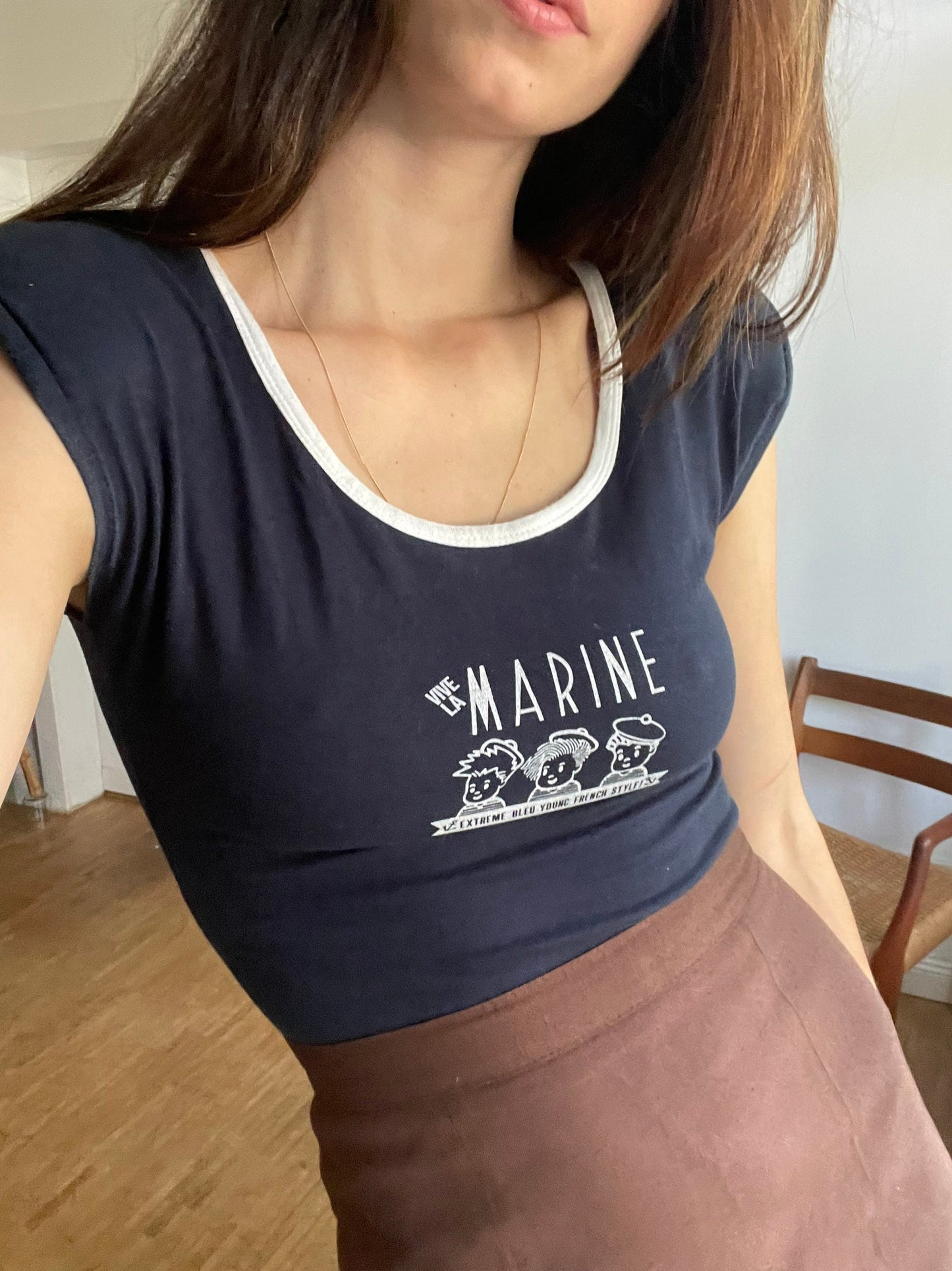 Vintage Marine body, Retro blue bodysuit, Comfortable open neck top with padded shoulders.