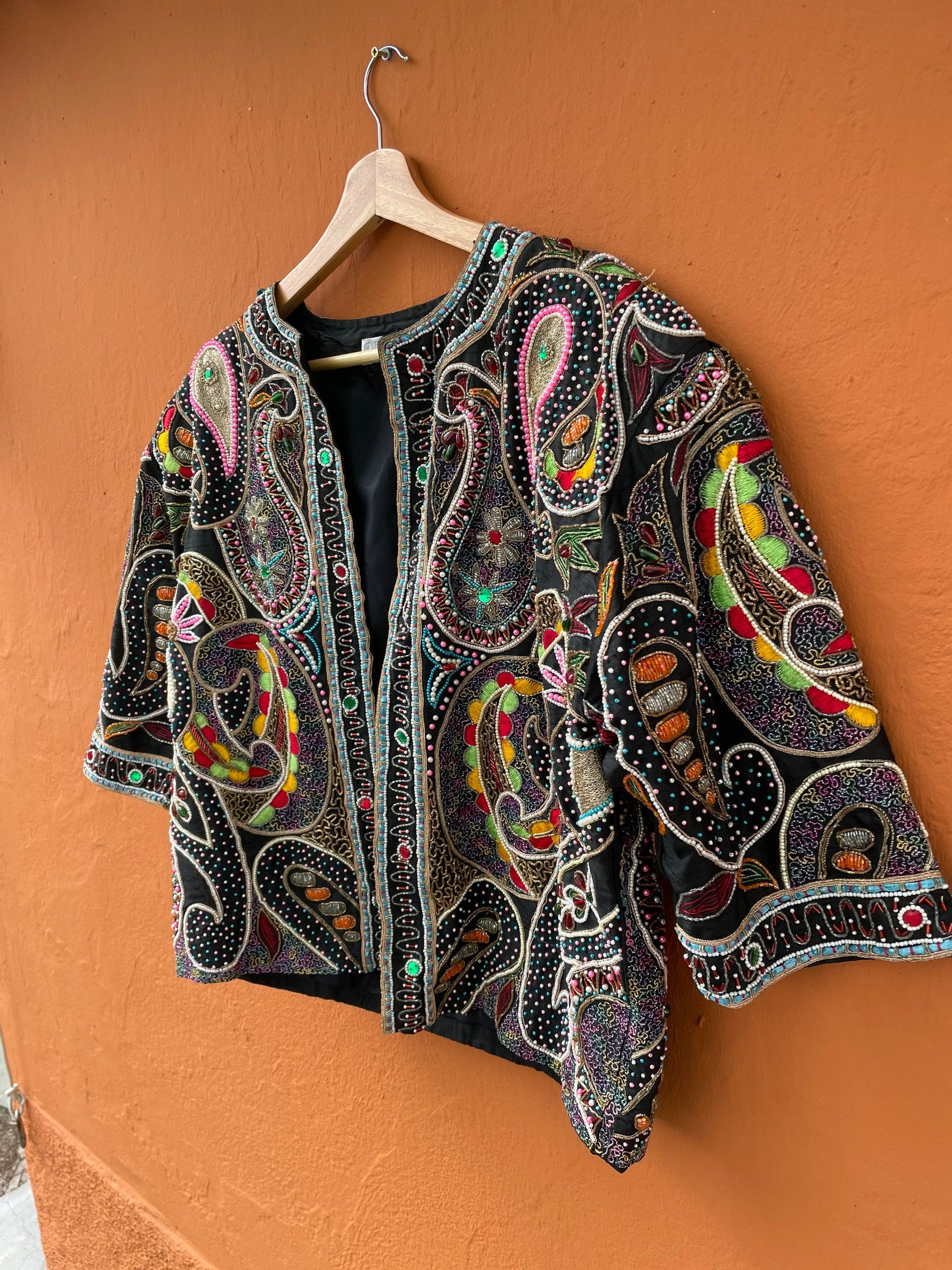 Silk beaded bohemian jacket, Sevilla embellished evening coat, One of a kind vintage piece, Sparkling eyecatcher outfit, Boho summer wear