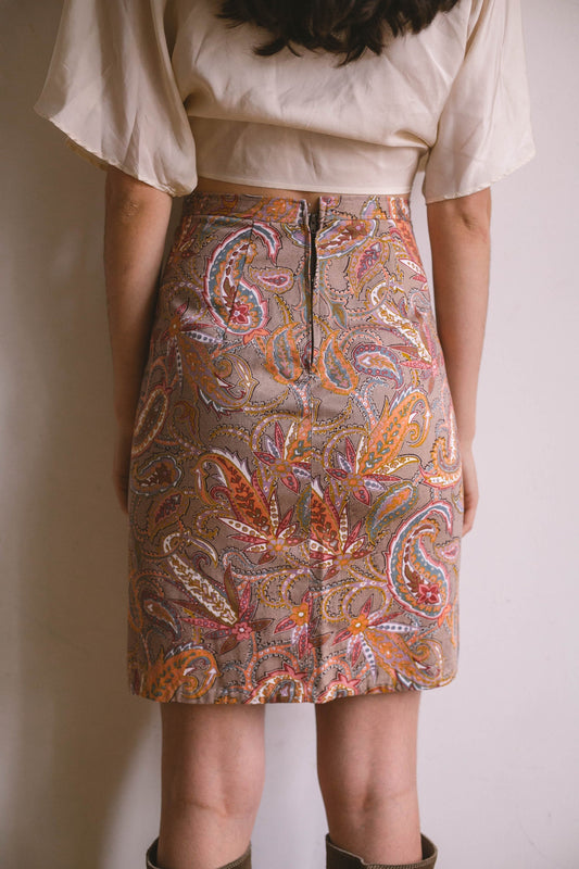 Paisley high waist pencil skirt, Colourful floral summer skirt, Retro midi skirt, Feminine sustainable fashion