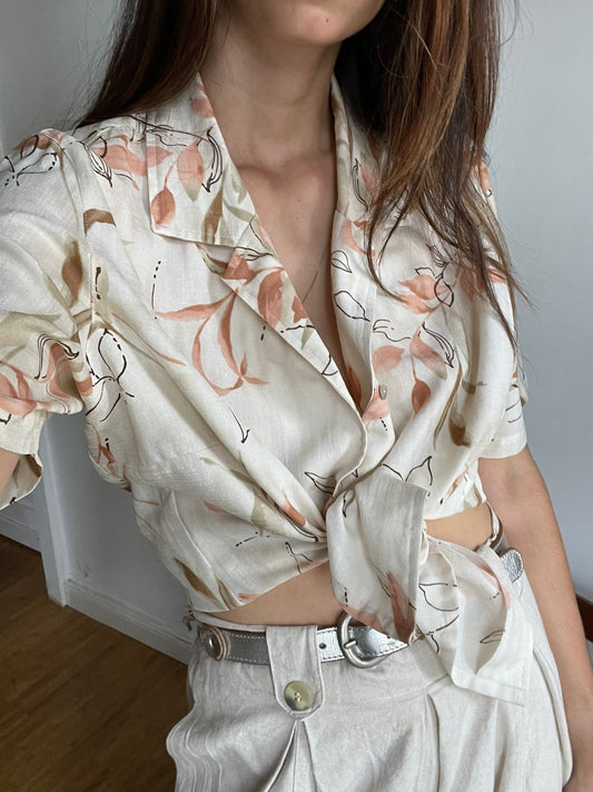 Blouse with floral pattern, Romantic short sleeve shirt,Vintage woman blouse