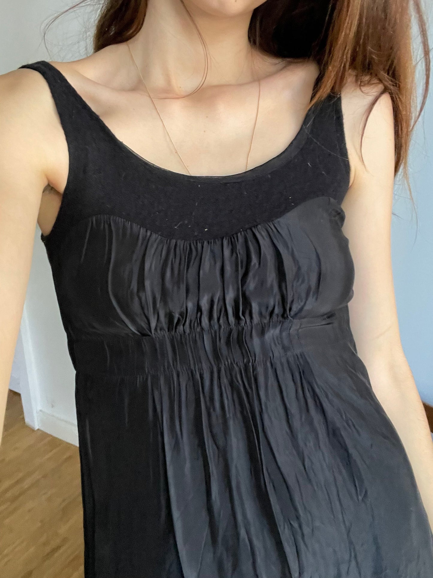 Dorothee Schumacher black mini dress – wool blend neckline, silk-feel body, size S, elegant party-ready fit