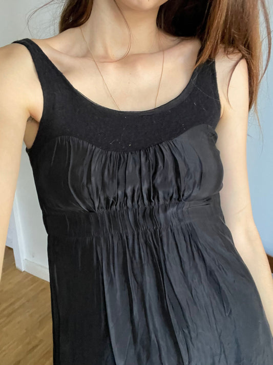 Dorothee Schumacher black mini dress – wool blend neckline, silk-feel body, size S, elegant party-ready fit