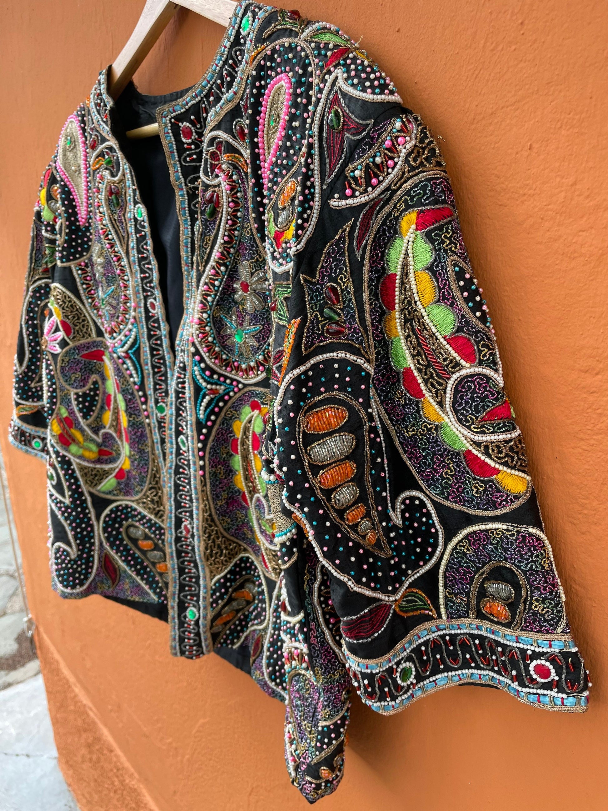 Silk beaded bohemian jacket, Sevilla embellished evening coat, One of a kind vintage piece, Sparkling eyecatcher outfit, Boho summer wear