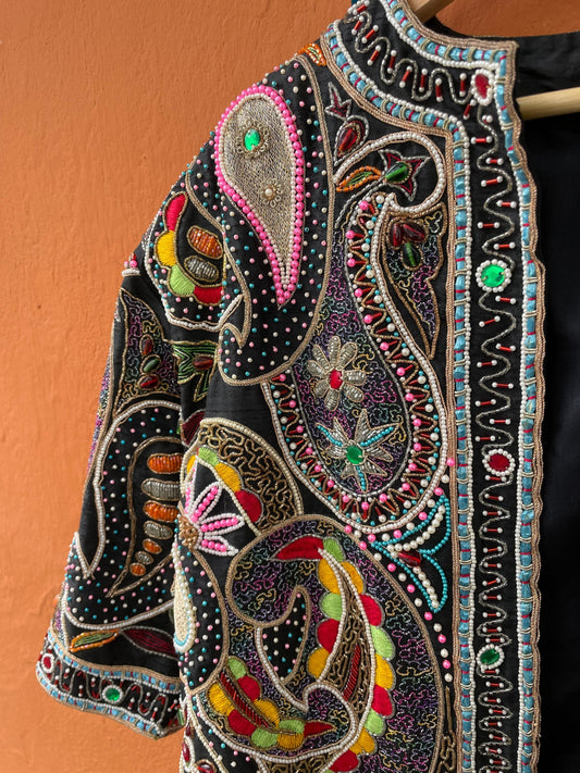 Silk beaded bohemian jacket, Sevilla embellished evening coat, One of a kind vintage piece, Sparkling eyecatcher outfit, Boho summer wear