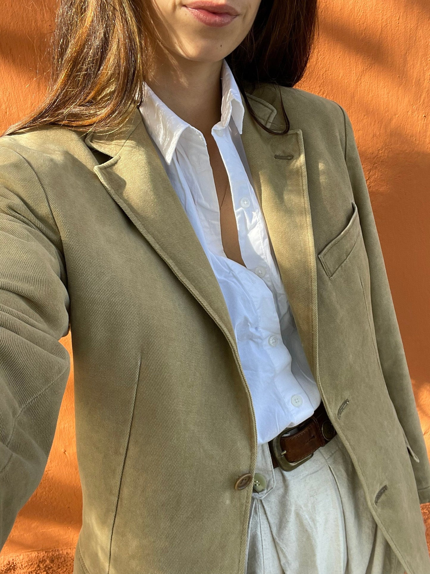 Beige Vintage Oversized Blazer Jacket — fabric close-up