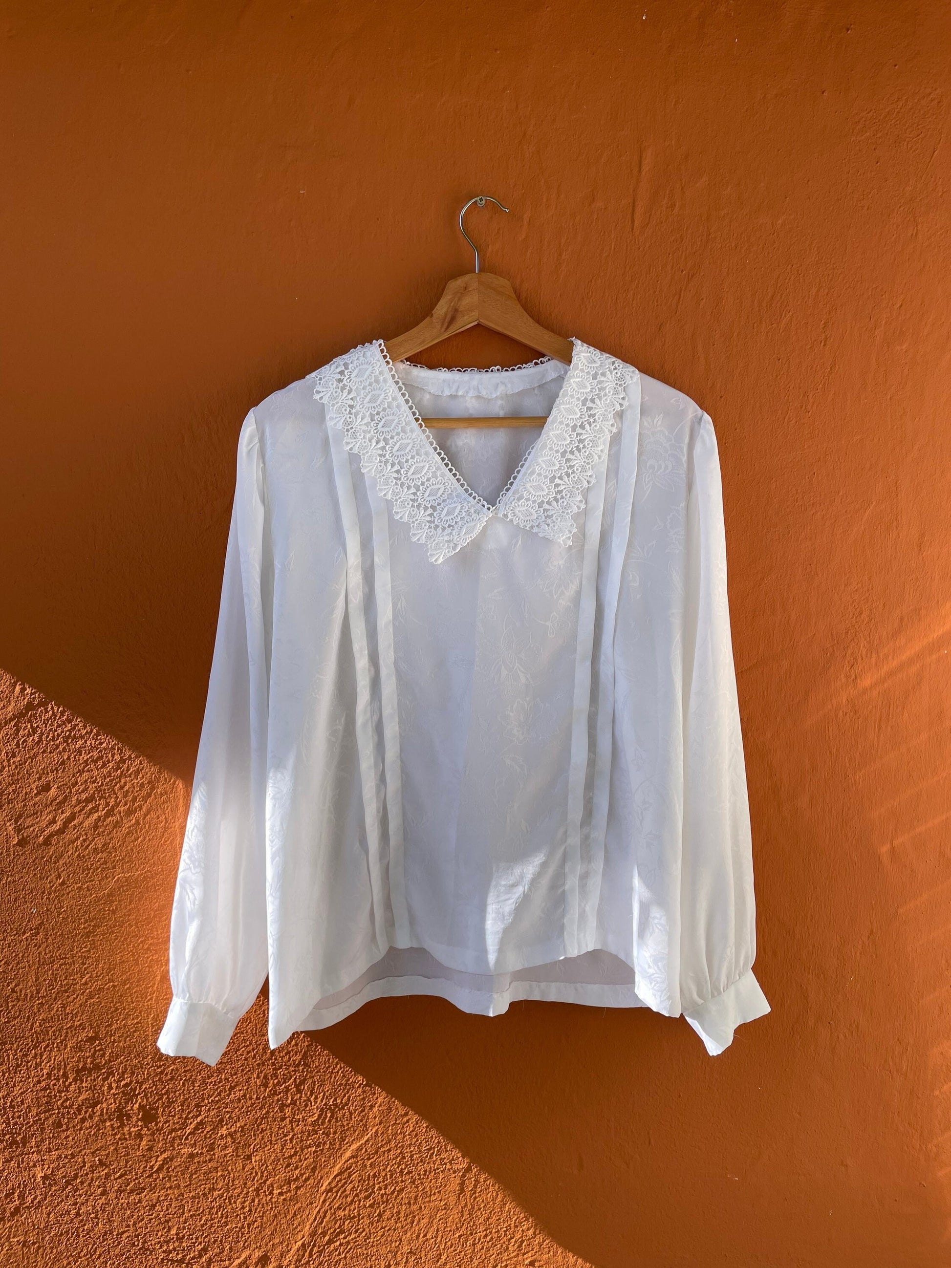 Romantic antique lace white blouse, Handmade vintage cottage core woman blouse with peter pan collar, Elegant French white shirt, M