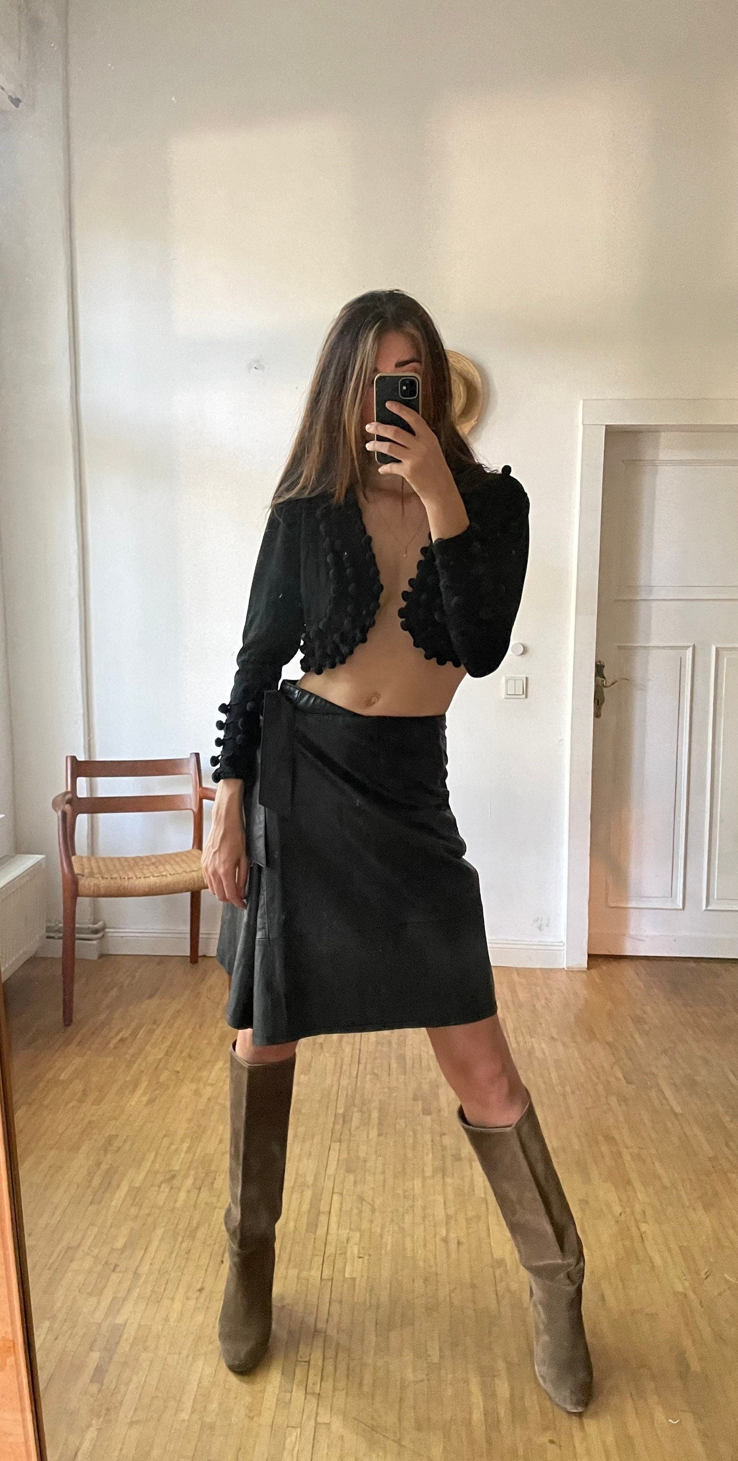 Genuine black leather wrap skirt,