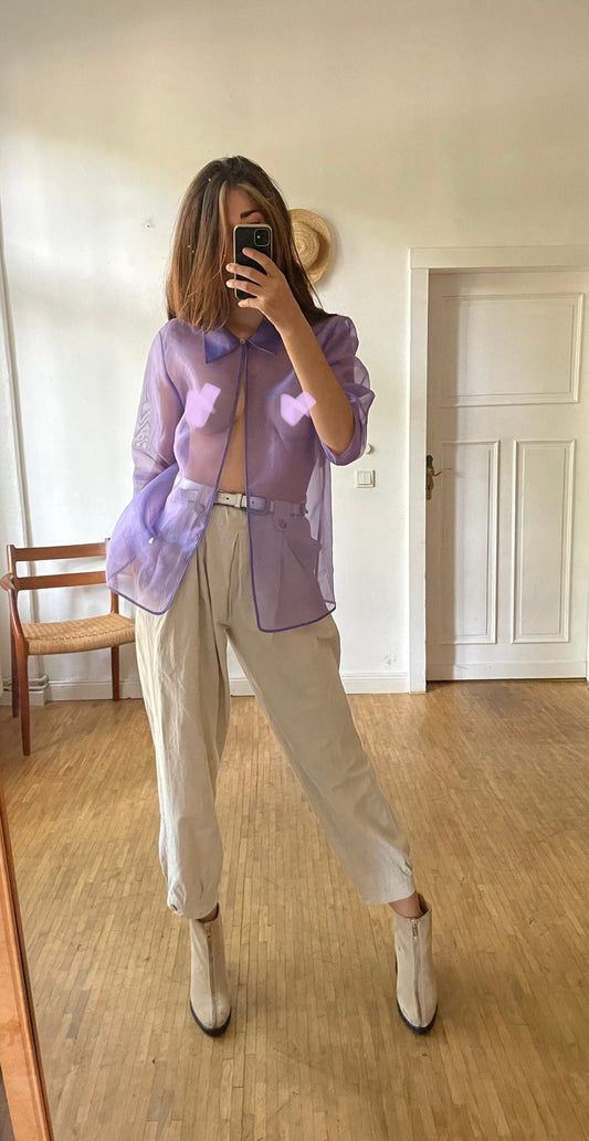 Vintage Sheer Purple Organza Blouse 90s See Through Mesh Shirt Sexy Festival Top Lightweight Button Up Clubwear Style Paris Hilton Y2K Vibe