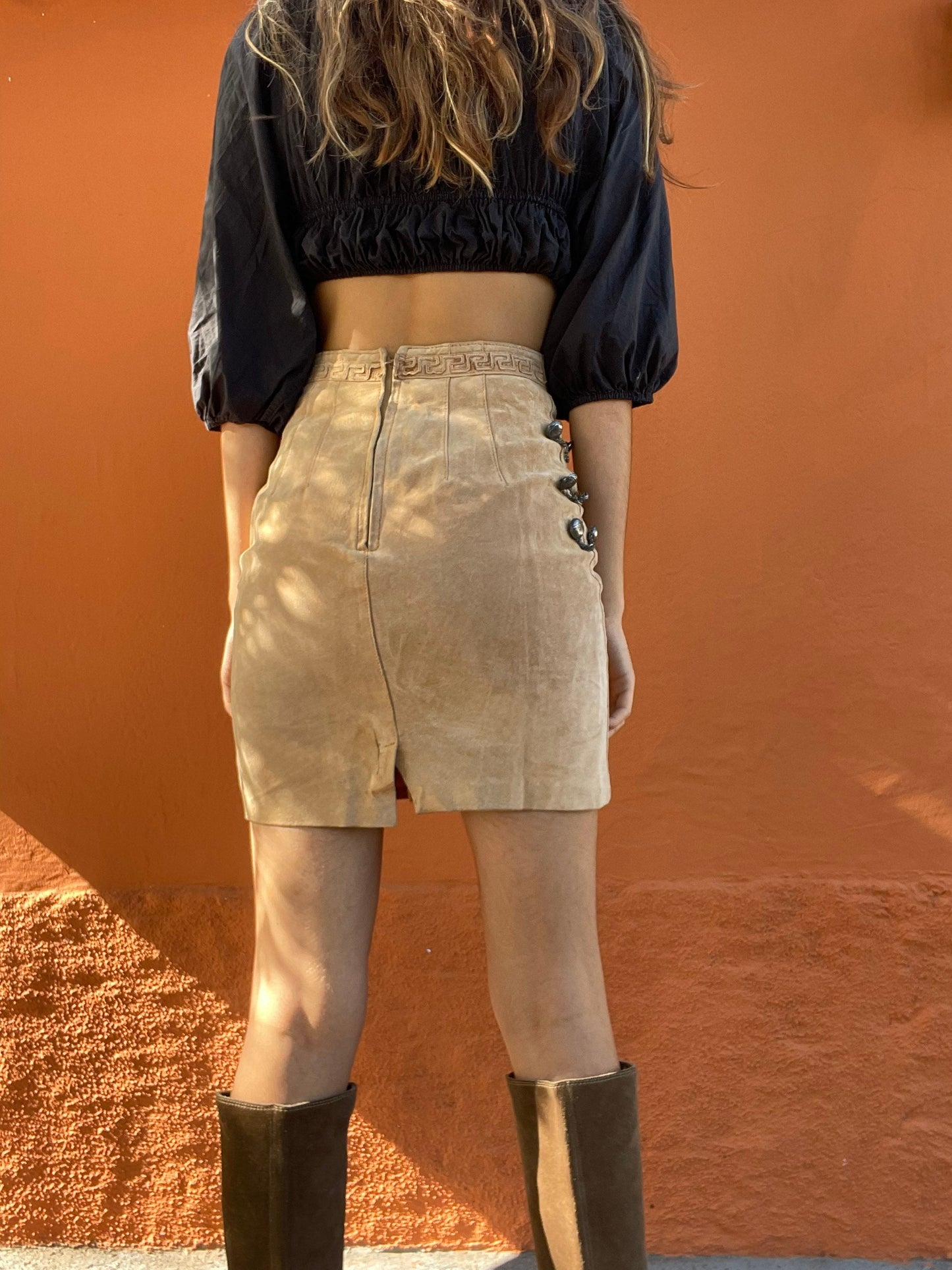 Earthy oatmeal suede leather mini skirt, Genuine leather vintage short skirt, Beige natural clothing, Tan tight short skirt, 70s