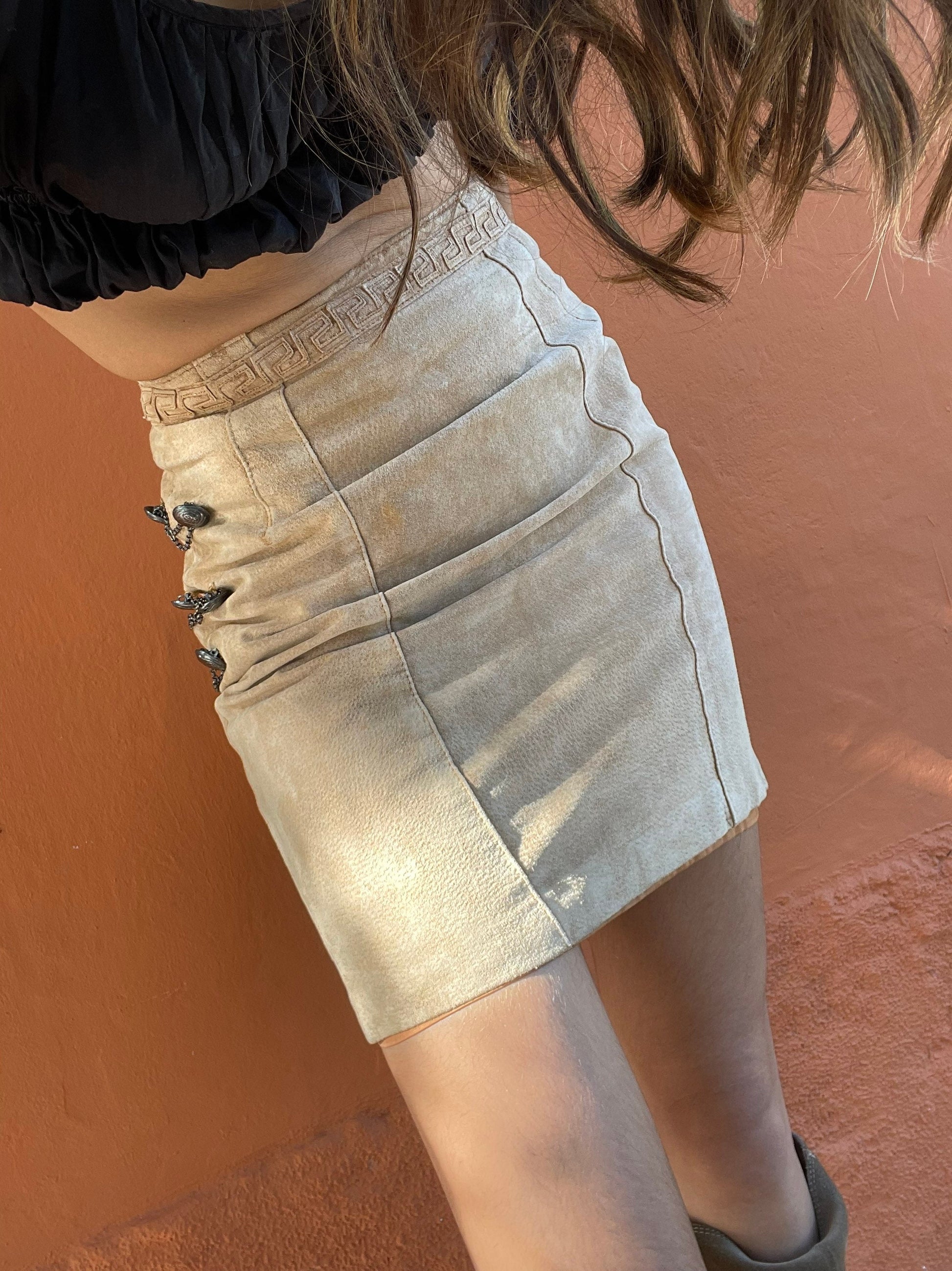 Earthy oatmeal suede leather mini skirt, Genuine leather vintage short skirt, Beige natural clothing, Tan tight short skirt, 70s