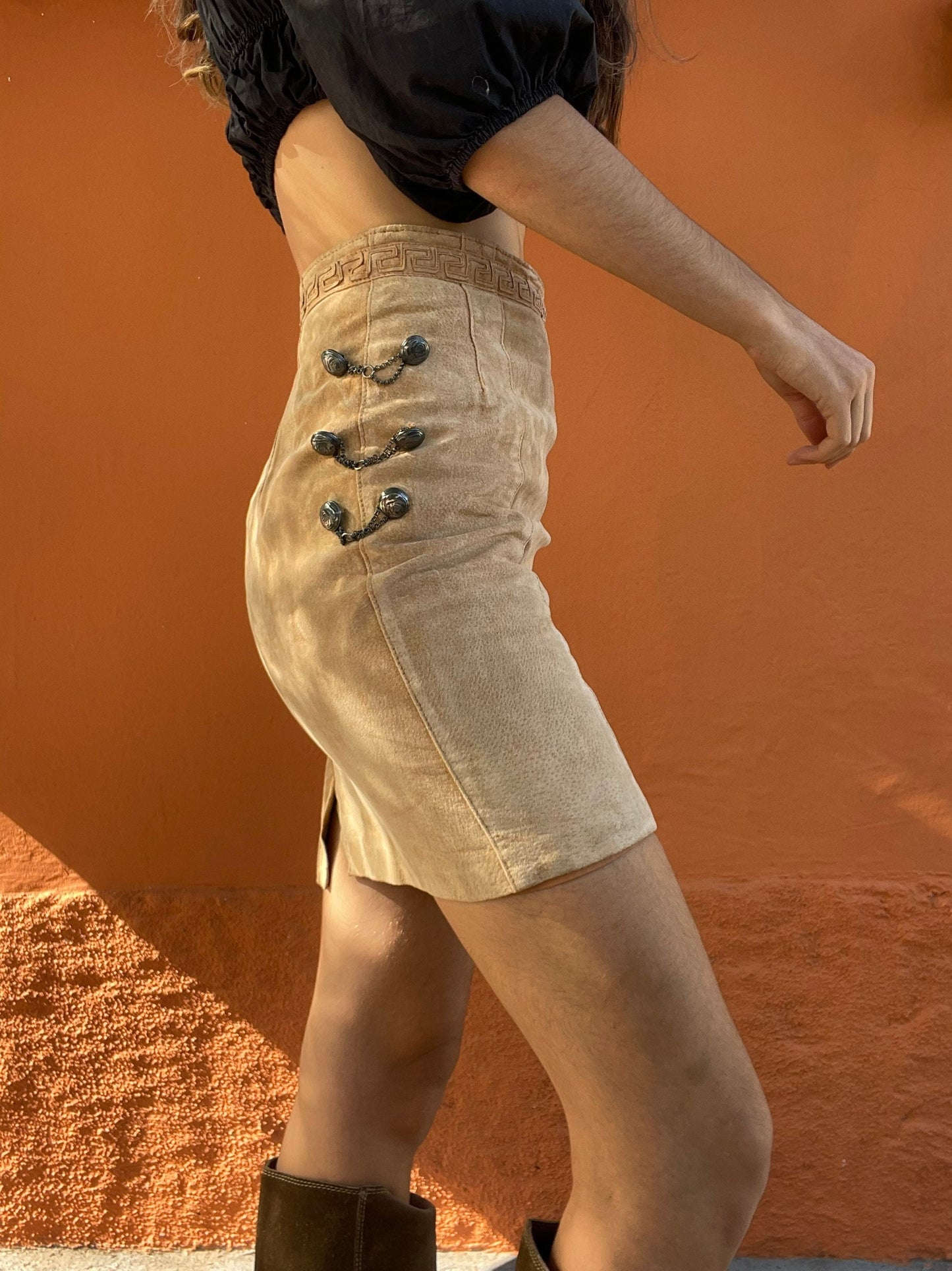 Earthy oatmeal suede leather mini skirt, Genuine leather vintage short skirt, Beige natural clothing, Tan tight short skirt, 70s