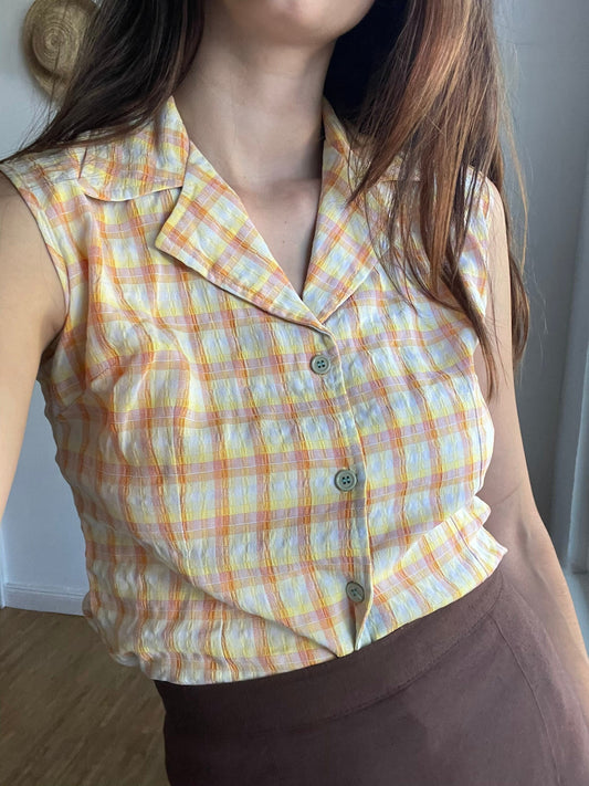 Vintage Sleeveless Gingham Blouse in Yellow Orange Check | 90s Picnic Style Top | Cotton Blend | Inspired by Alexa Chung Summer Looks