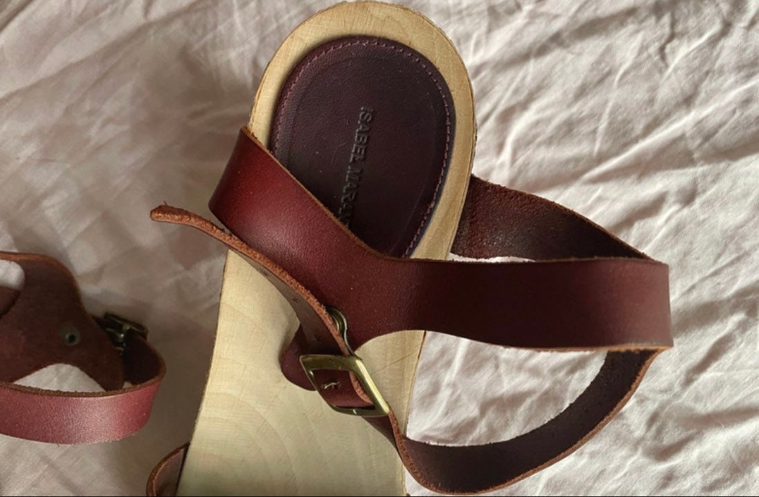 Vintage Isabel Marant platform sandals, leather in burgundy brown, open toe, floral detailed heel, bohemian grunge, EU 41