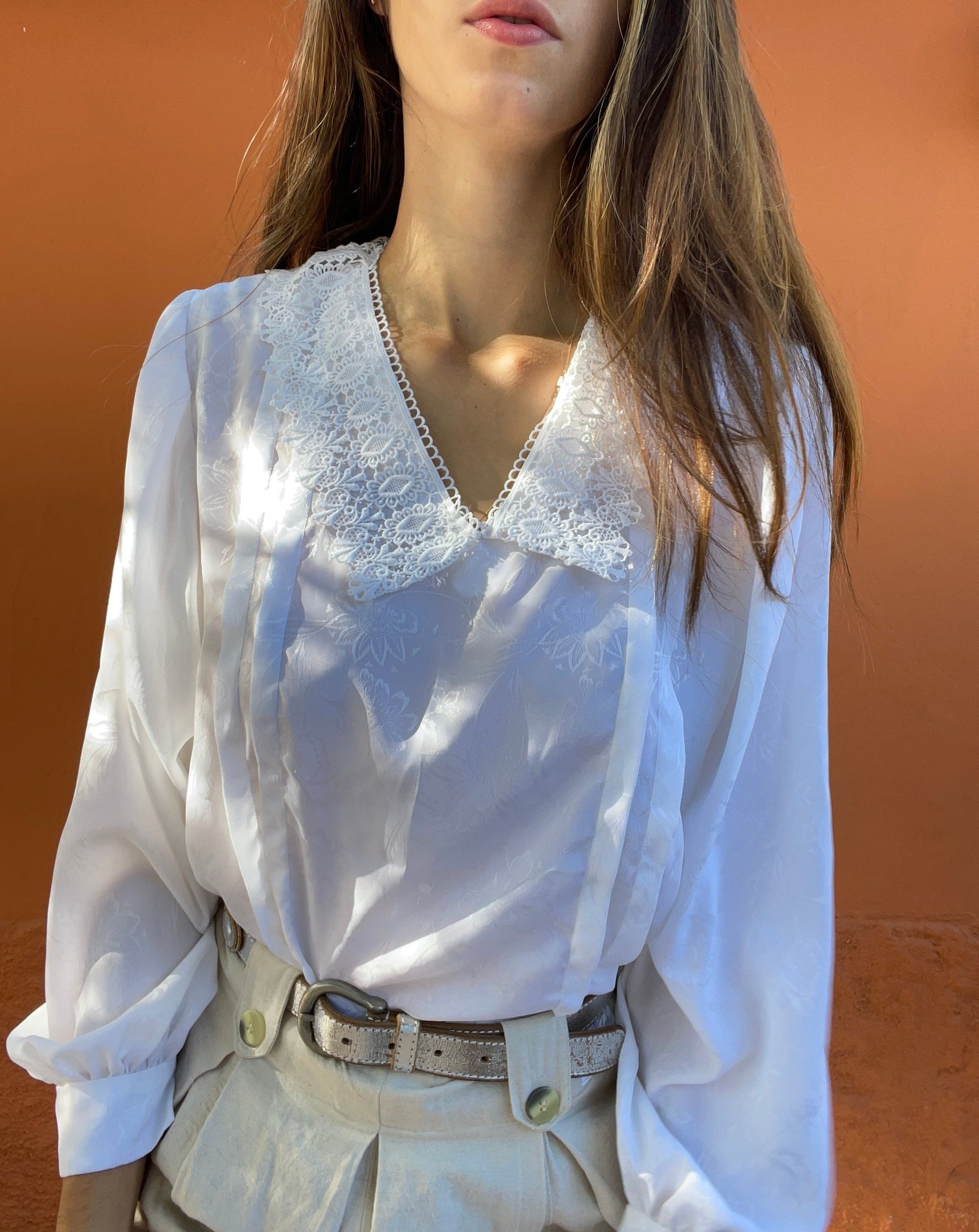 Romantic antique lace white blouse, Handmade vintage cottage core woman blouse with peter pan collar, Elegant French white shirt, M