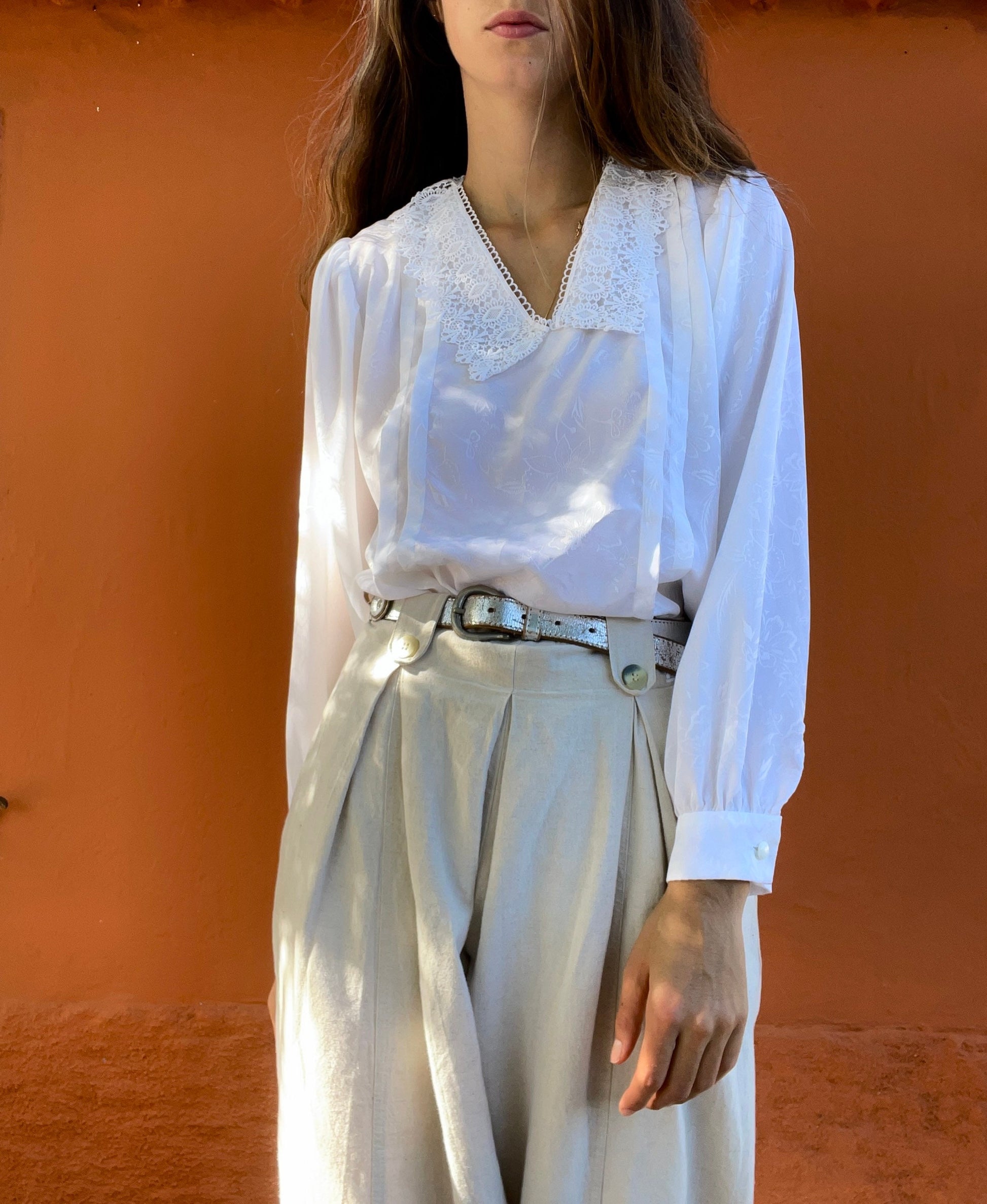 Romantic antique lace white blouse, Handmade vintage cottage core woman blouse with peter pan collar, Elegant French white shirt, M