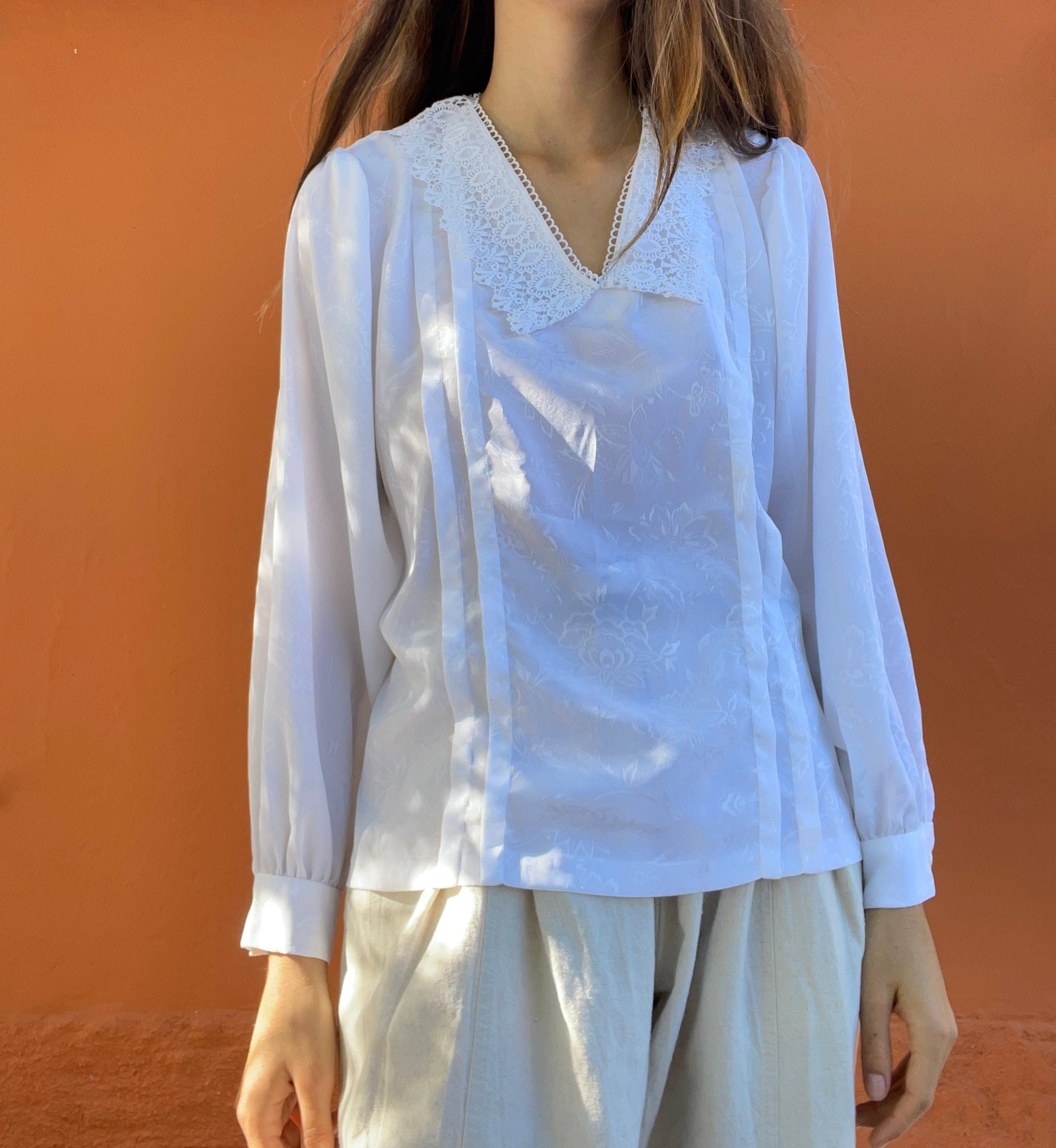 Romantic antique lace white blouse, Handmade vintage cottage core woman blouse with peter pan collar, Elegant French white shirt, M